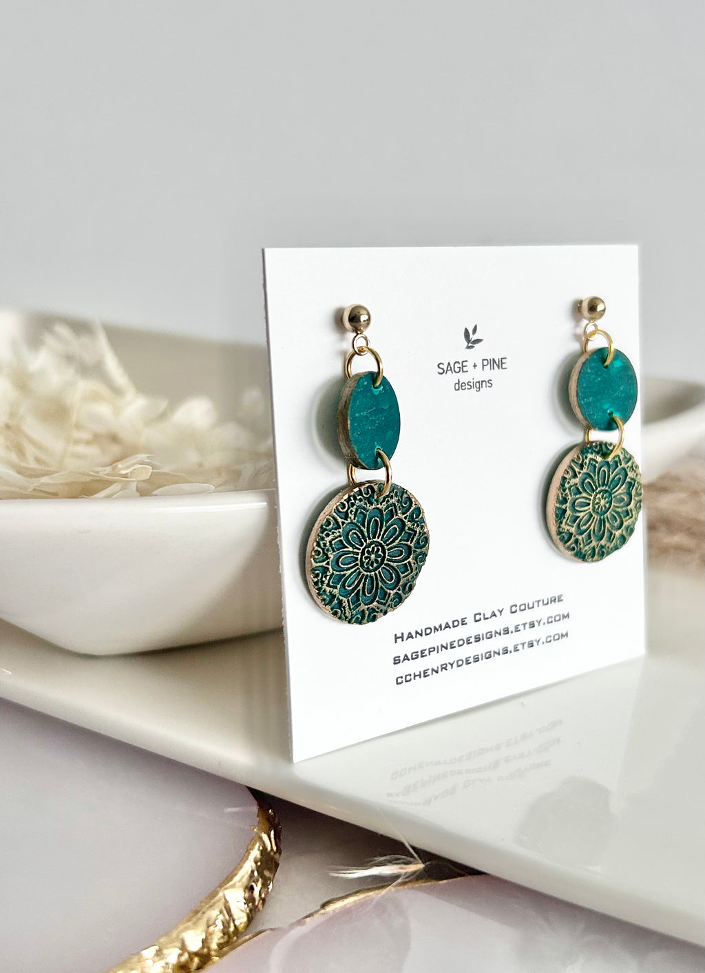 Kelly Green Earrings, Gold Mandala Embossed Dangles, Handmade Clay Boho Jewelry