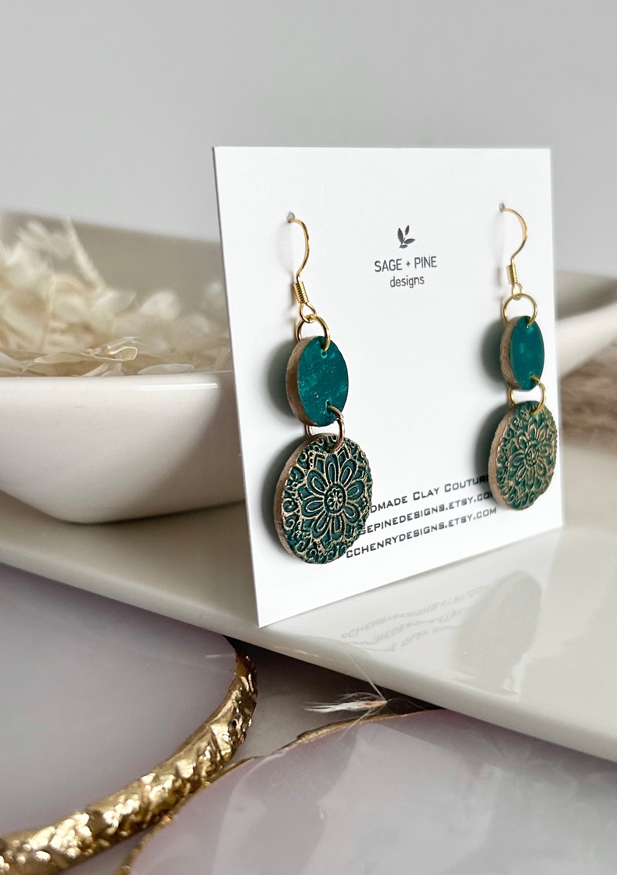 Kelly Green Earrings, Gold Mandala Embossed Dangles, Handmade Clay Boho Jewelry