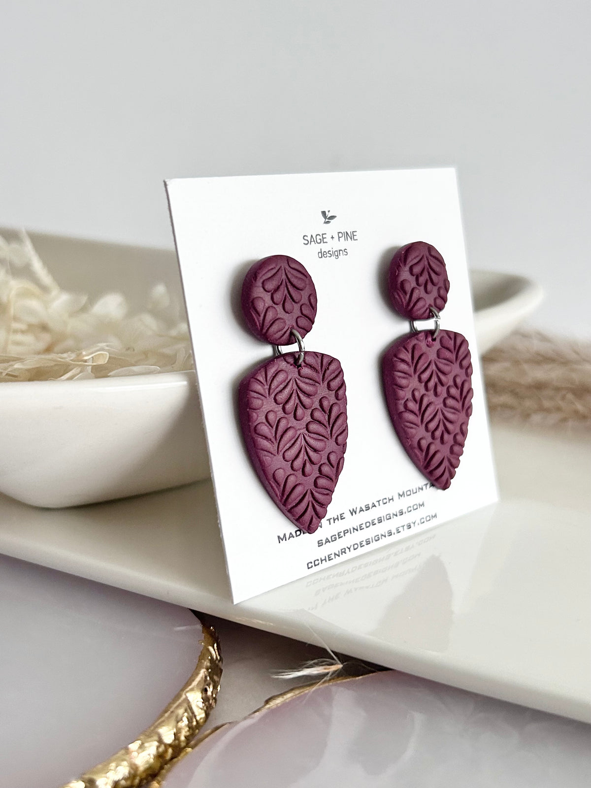 Boho Polymer Clay Earrings, Leaf Stud Post Dangles, Handmade Jewelry