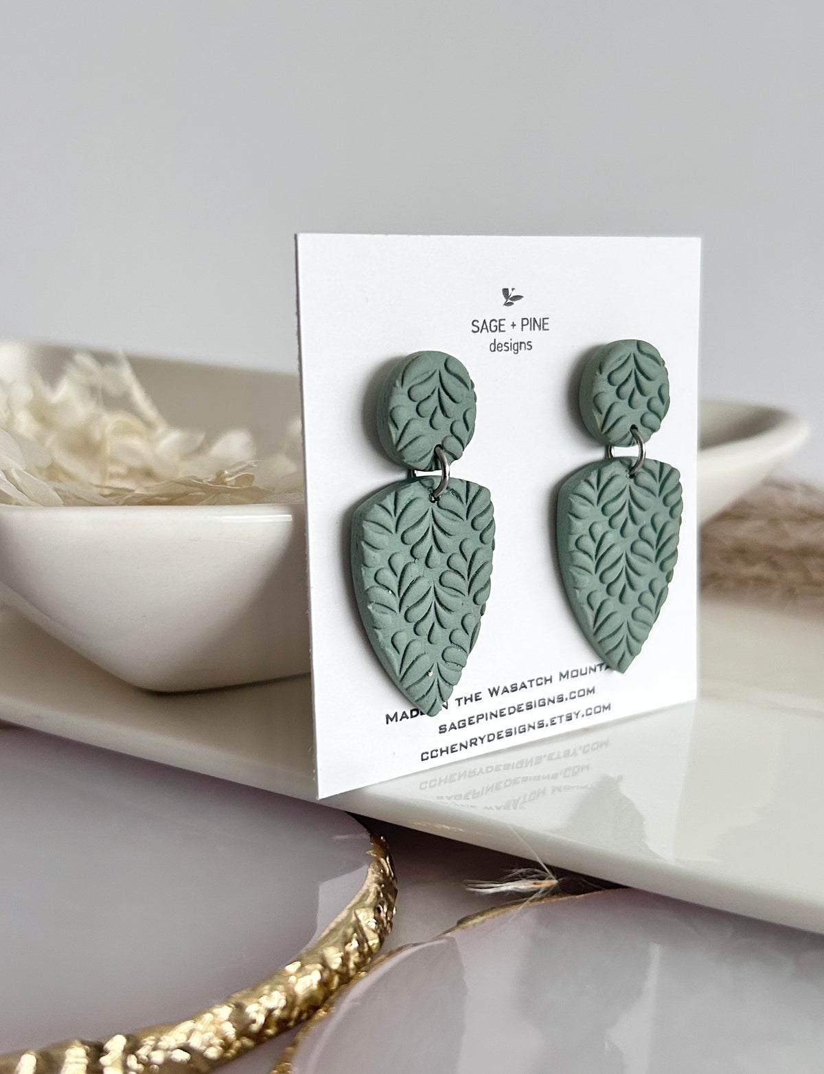 Boho Polymer Clay Earrings, Leaf Stud Post Dangles, Handmade Jewelry