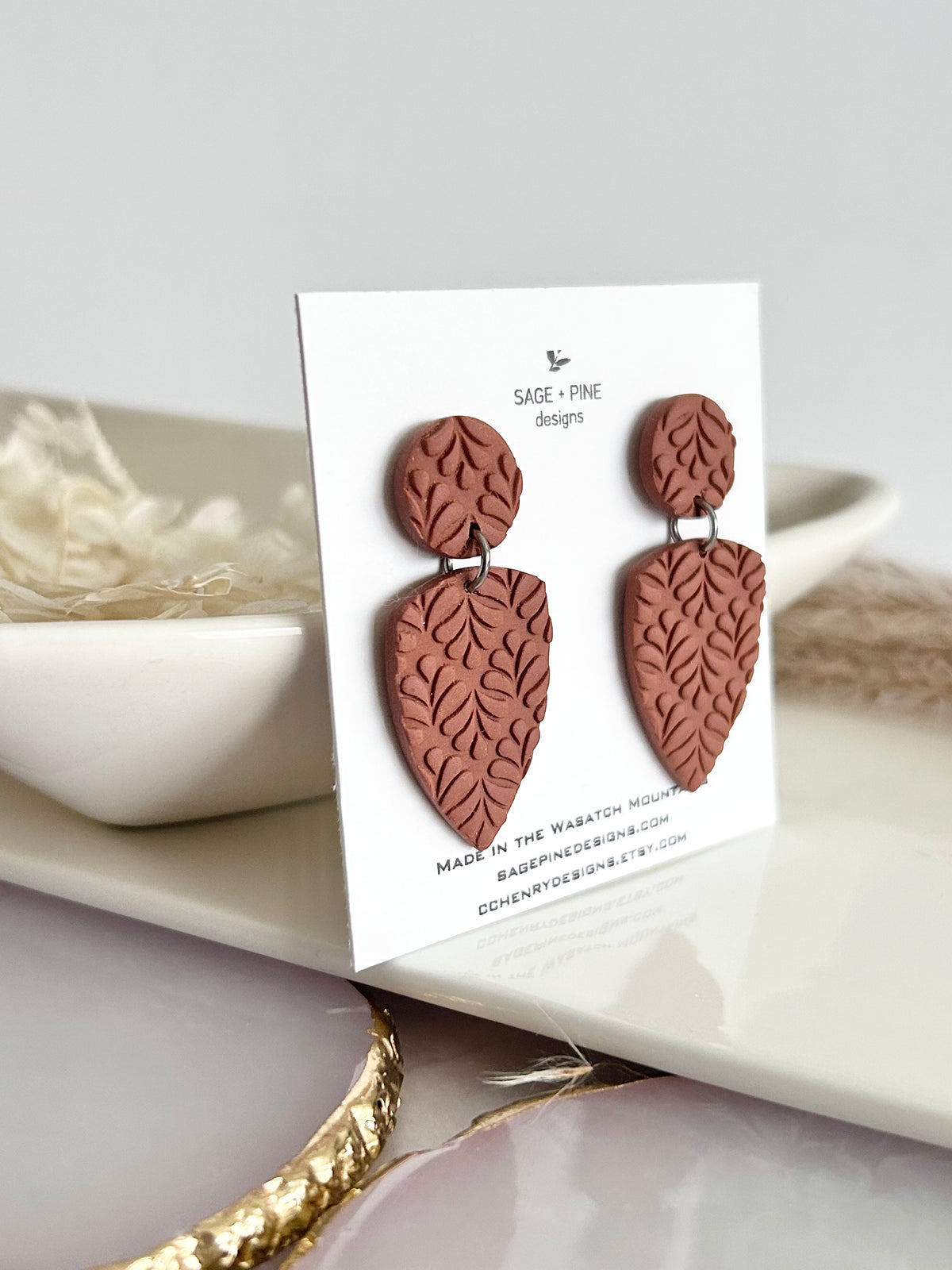 Boho Polymer Clay Earrings, Leaf Stud Post Dangles, Handmade Jewelry