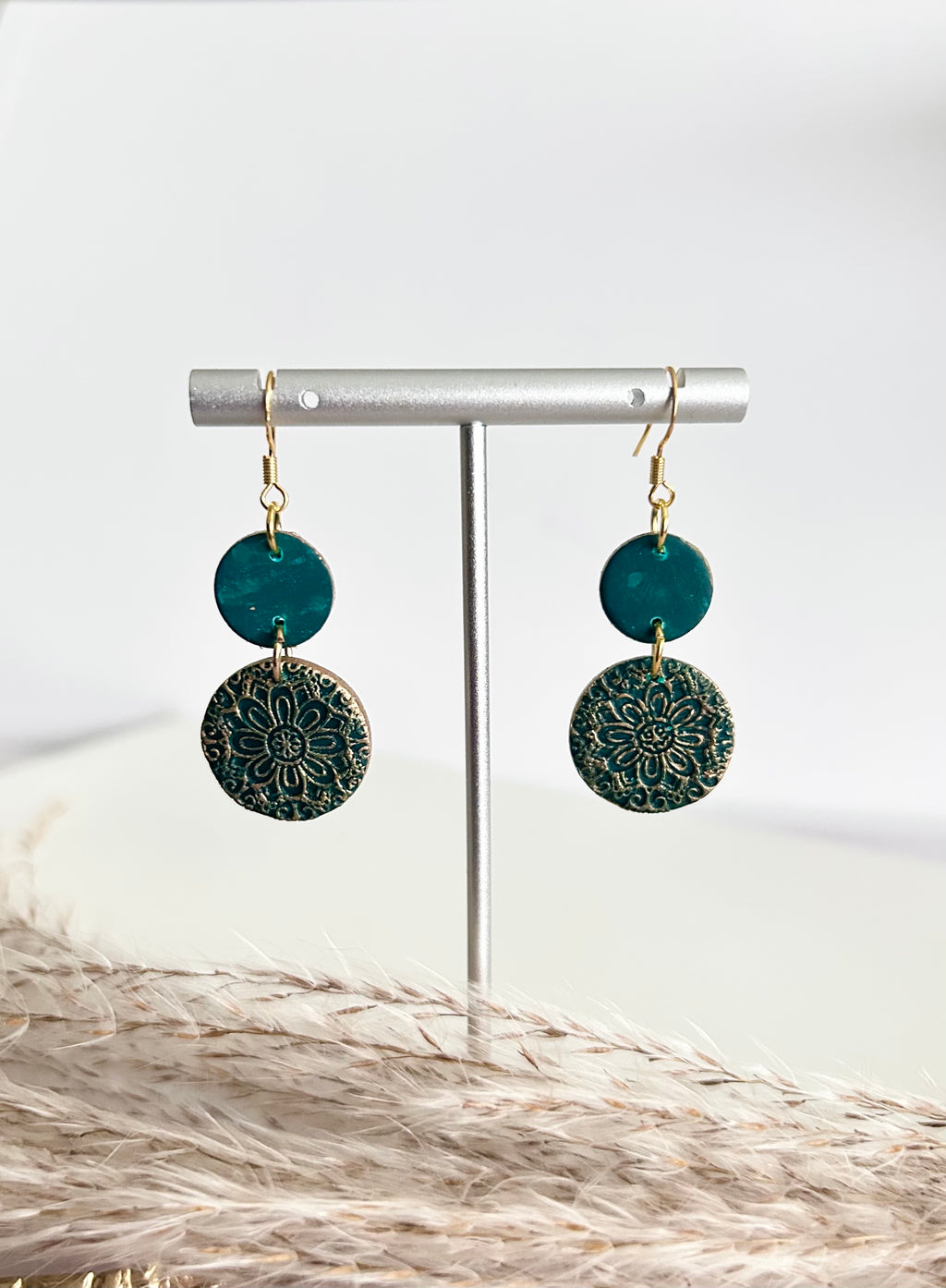 Kelly Green Earrings, Gold Mandala Embossed Dangles, Handmade Clay Boho Jewelry