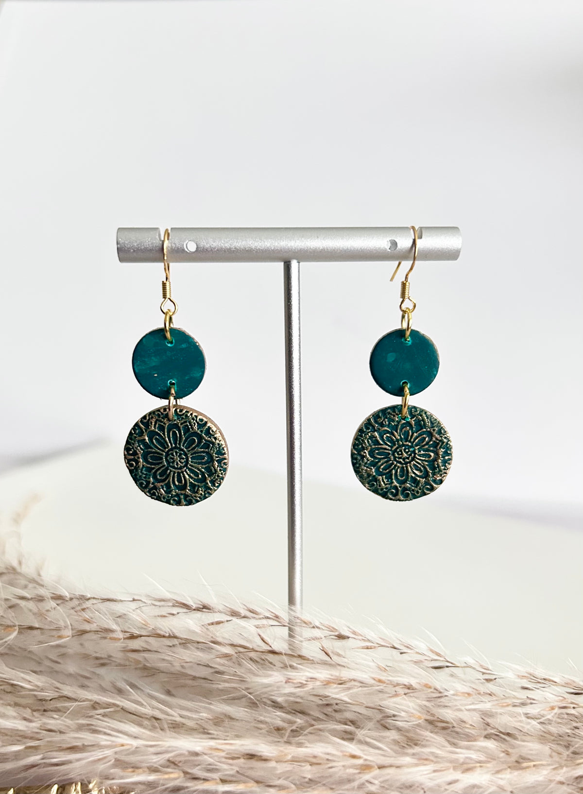 Kelly Green Earrings, Gold Mandala Embossed Dangles, Handmade Clay Boho Jewelry