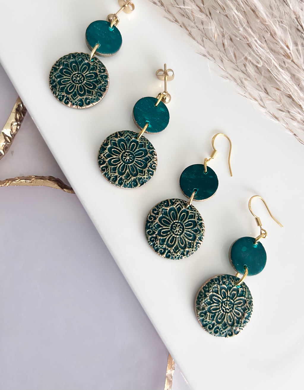 Kelly Green Earrings, Gold Mandala Embossed Dangles, Handmade Clay Boho Jewelry