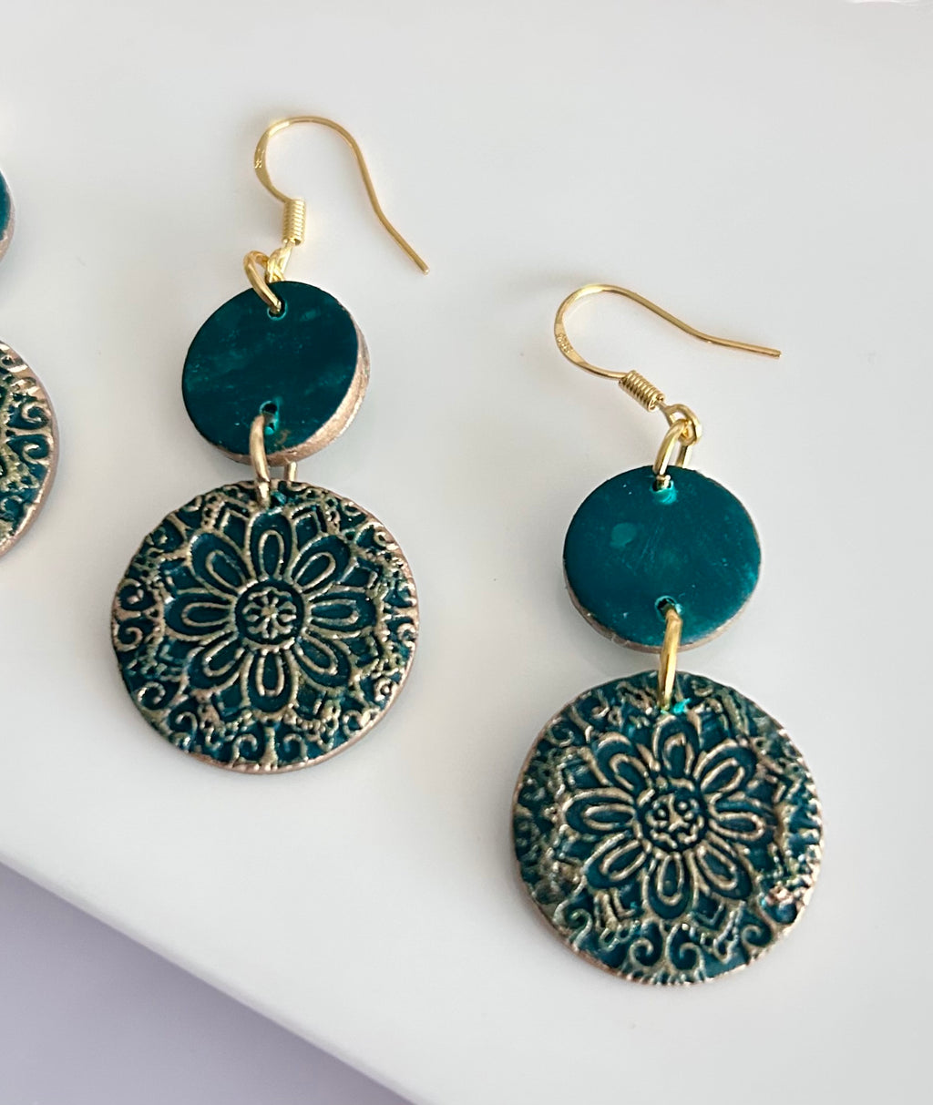 Kelly Green Earrings, Gold Mandala Embossed Dangles, Handmade Clay Boho Jewelry