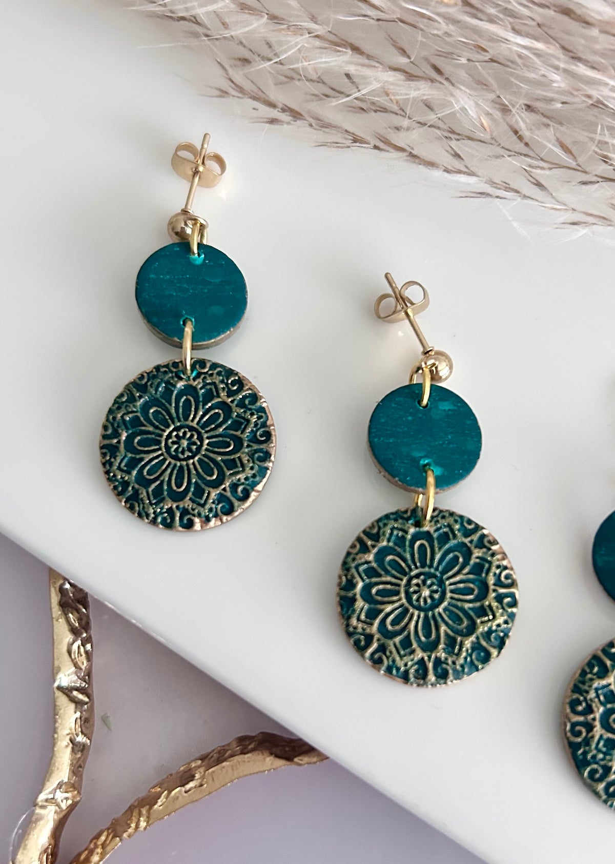 Kelly Green Earrings, Gold Mandala Embossed Dangles, Handmade Clay Boho Jewelry