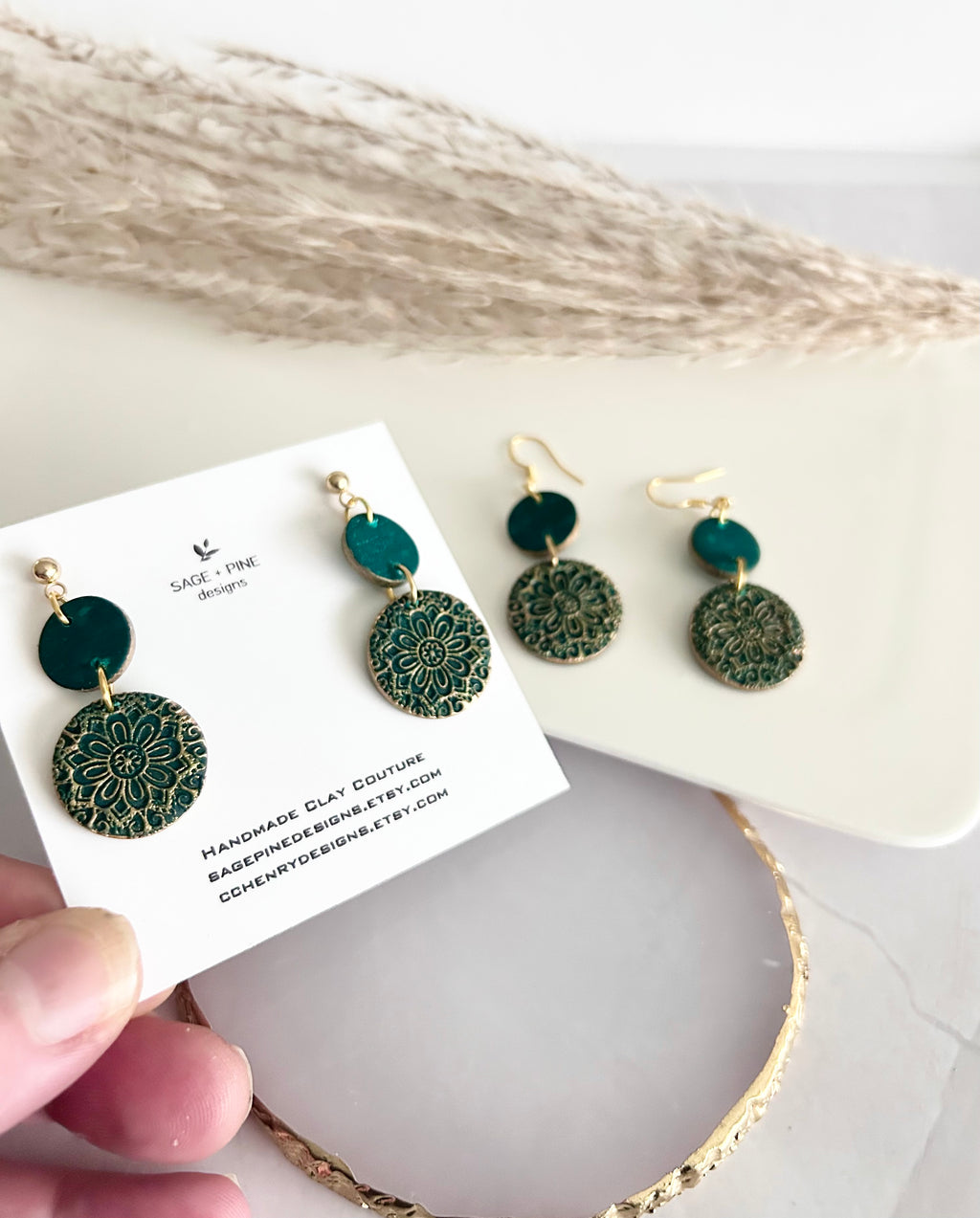Kelly Green Earrings, Gold Mandala Embossed Dangles, Handmade Clay Boho Jewelry