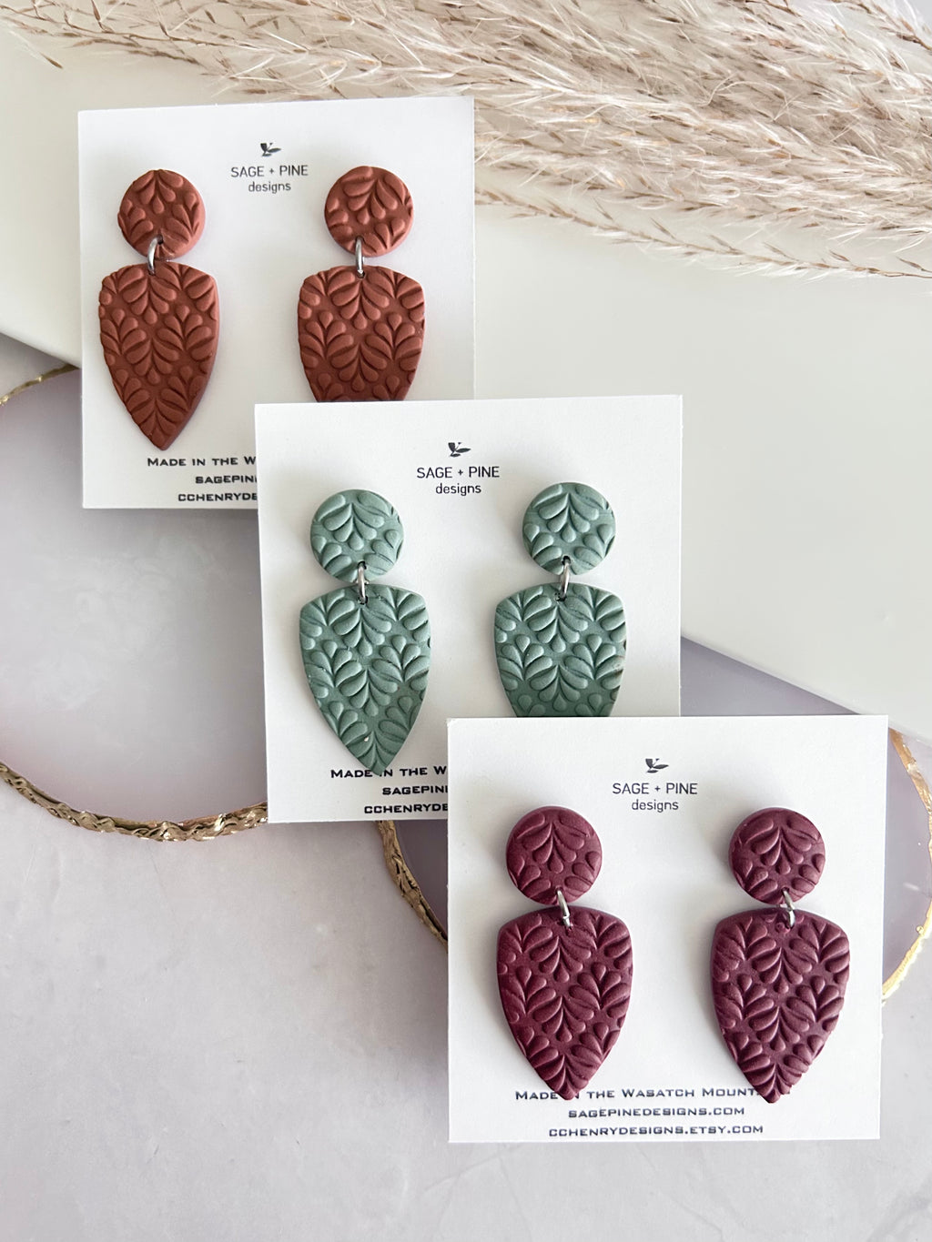 Boho Polymer Clay Earrings, Leaf Stud Post Dangles, Handmade Jewelry