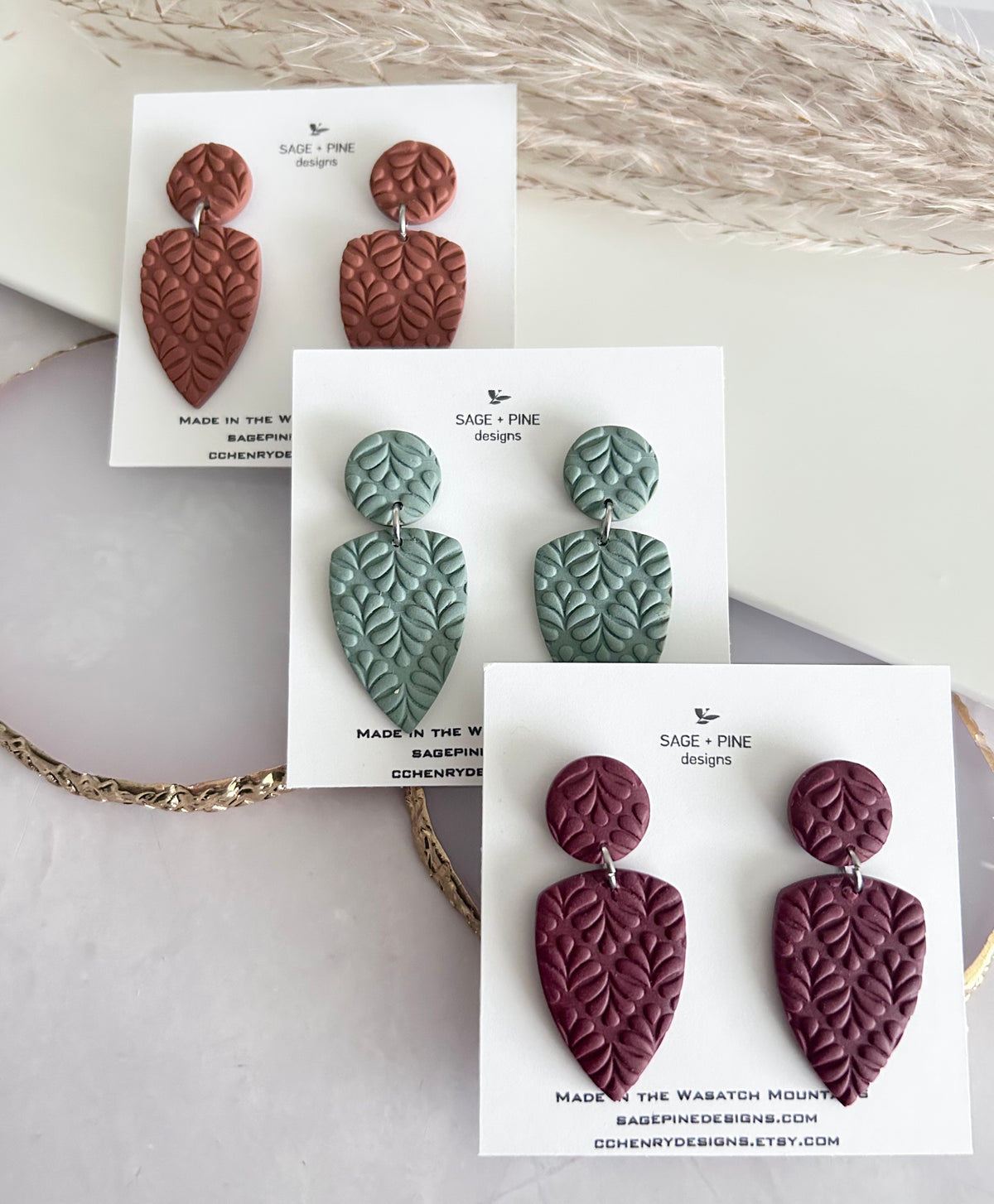 Boho Polymer Clay Earrings, Leaf Stud Post Dangles, Handmade Jewelry