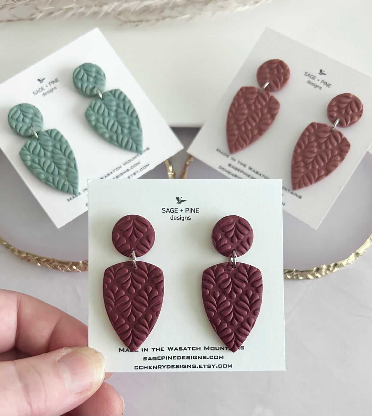 Boho Polymer Clay Earrings, Leaf Stud Post Dangles, Handmade Jewelry