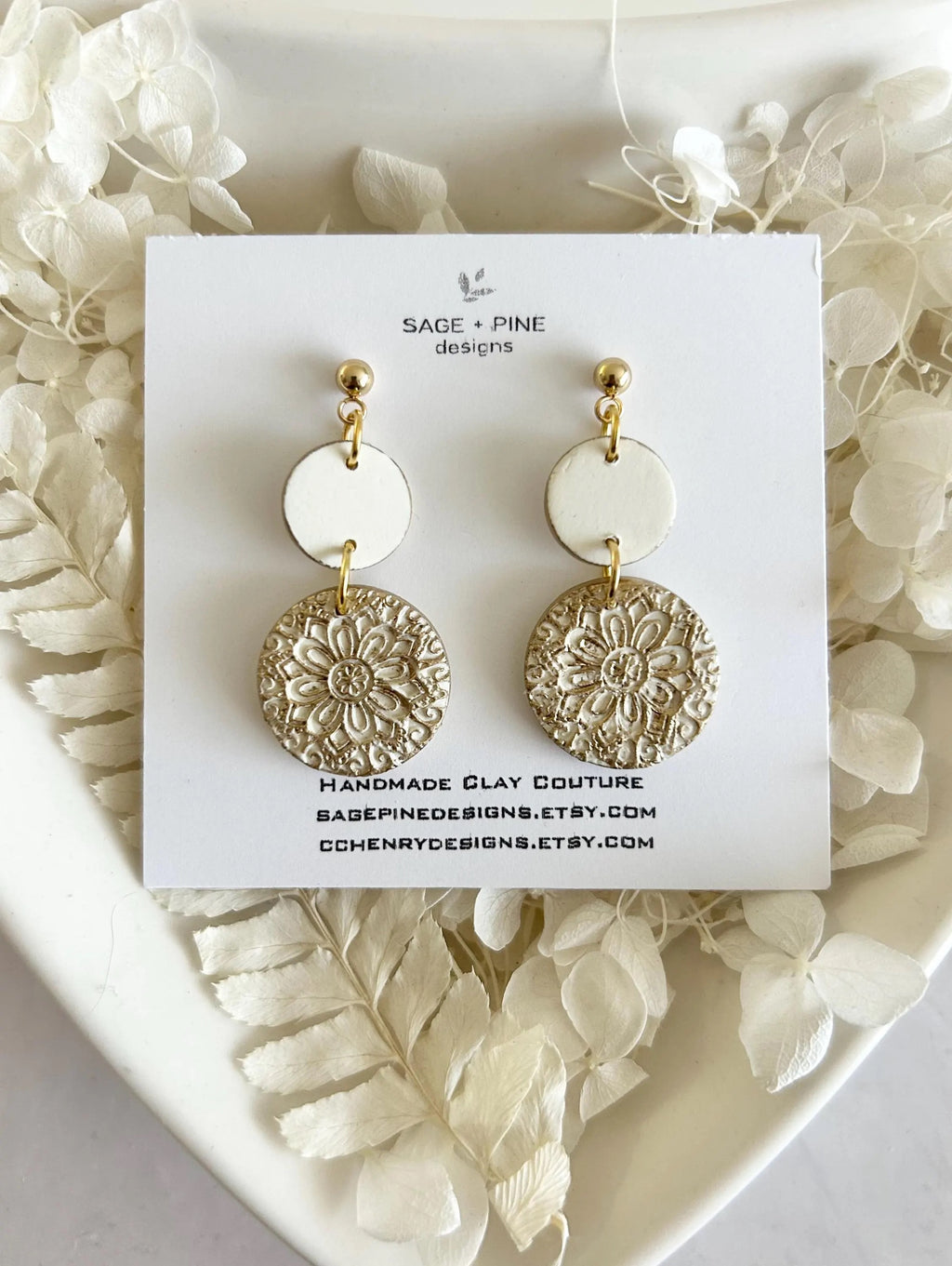 Kelly Green Earrings, Gold Mandala Embossed Dangles, Handmade Clay Boho Jewelry