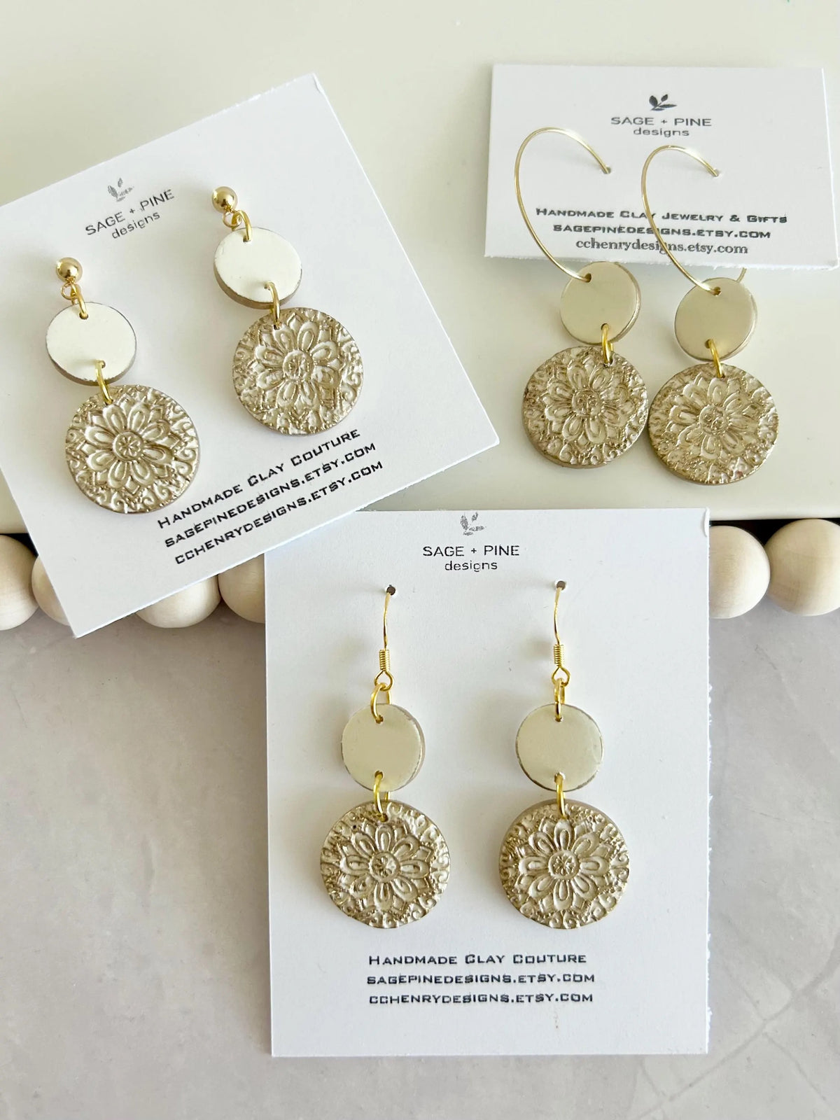 Kelly Green Earrings, Gold Mandala Embossed Dangles, Handmade Clay Boho Jewelry