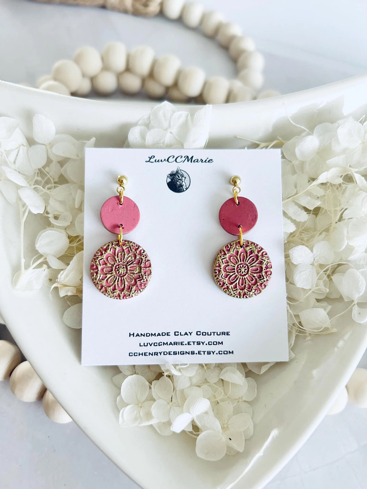 Kelly Green Earrings, Gold Mandala Embossed Dangles, Handmade Clay Boho Jewelry