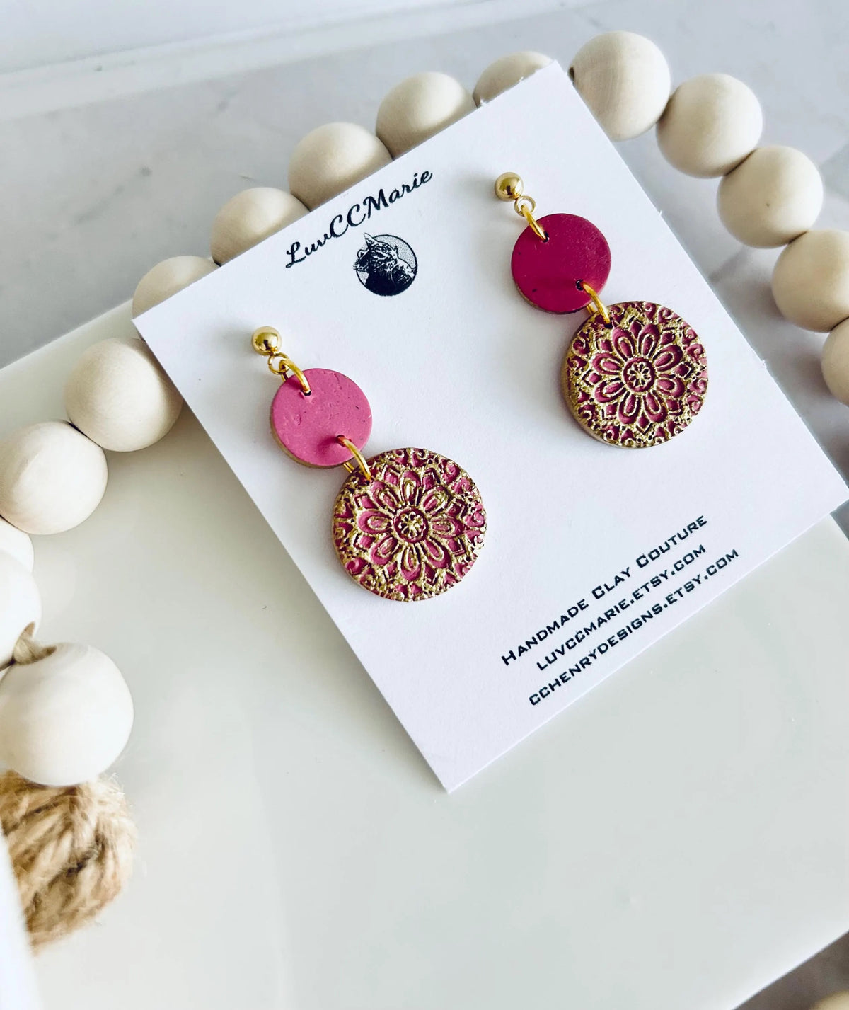 Kelly Green Earrings, Gold Mandala Embossed Dangles, Handmade Clay Boho Jewelry