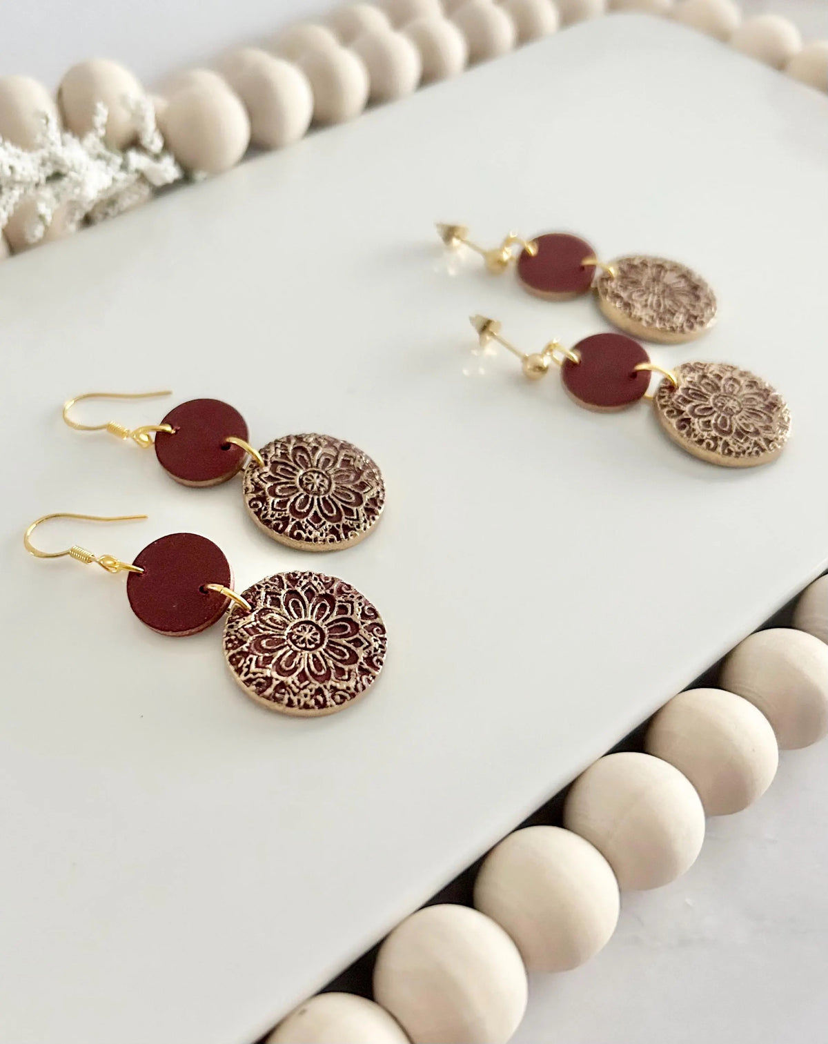 Kelly Green Earrings, Gold Mandala Embossed Dangles, Handmade Clay Boho Jewelry