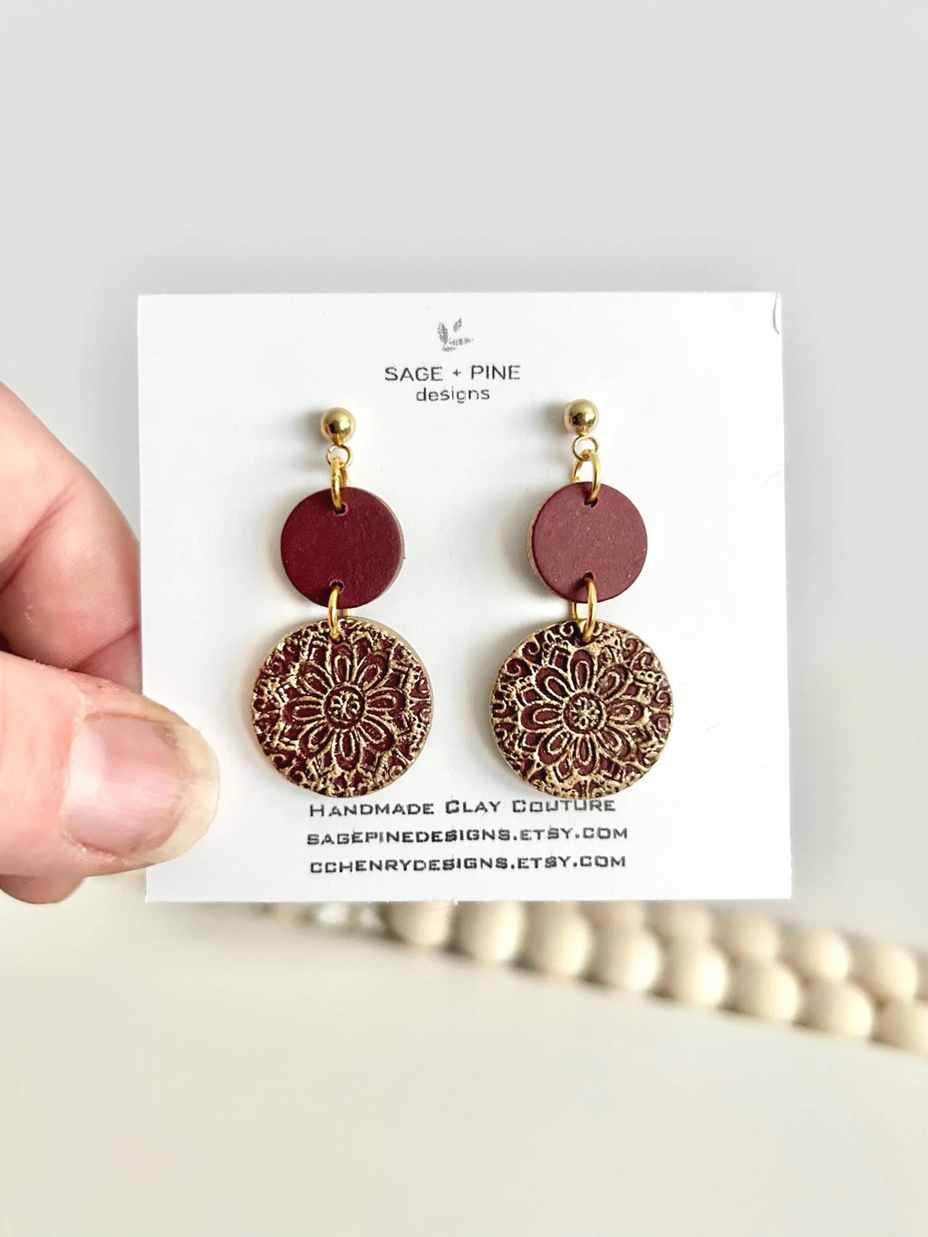 Kelly Green Earrings, Gold Mandala Embossed Dangles, Handmade Clay Boho Jewelry