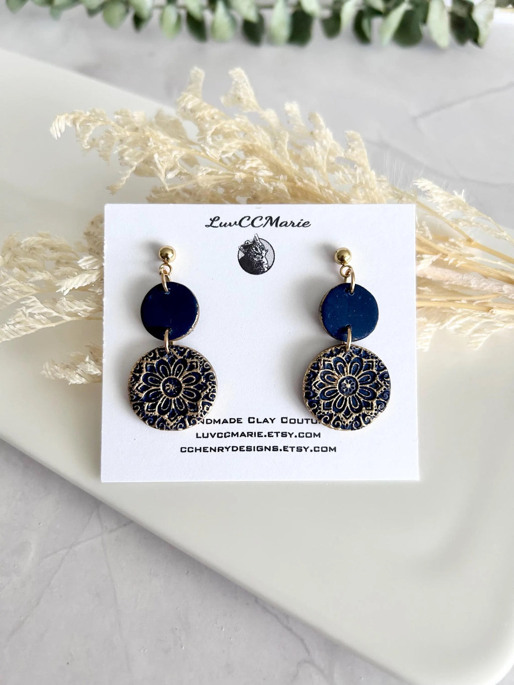 Kelly Green Earrings, Gold Mandala Embossed Dangles, Handmade Clay Boho Jewelry
