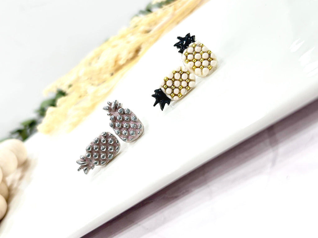 Pineapple Studs, Black and White Post Earrings, Handmade Clay Modern Jewelry