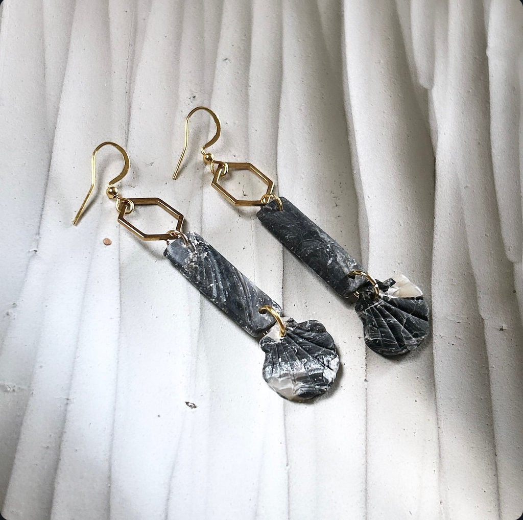 Seashell Earrings, Black and Gold Long Dangles, Coastal Beach Vacation Clay Jewelry Wedding Gift