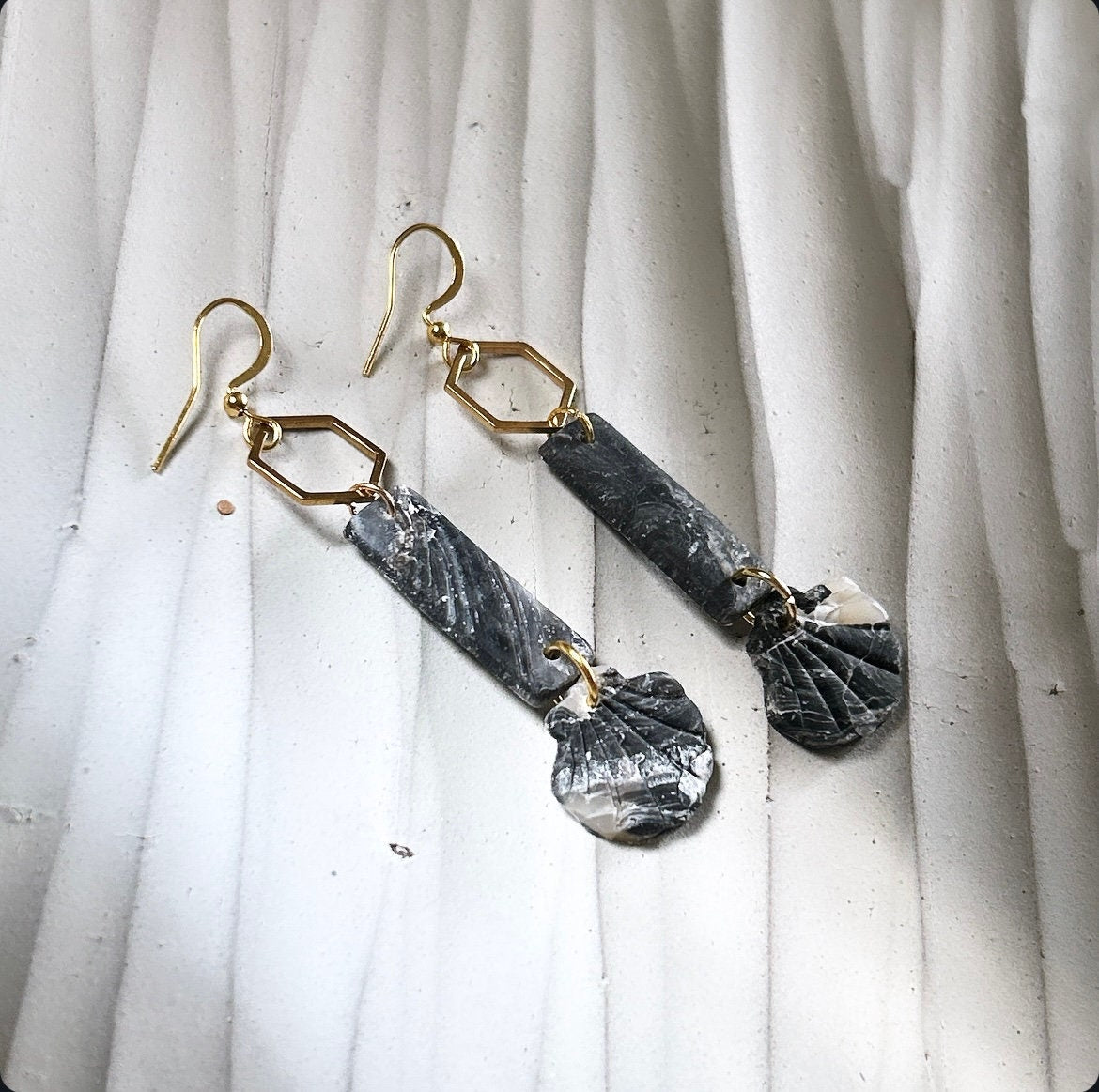 Seashell Earrings, Black and Gold Long Dangles, Coastal Beach Vacation Clay Jewelry Wedding Gift