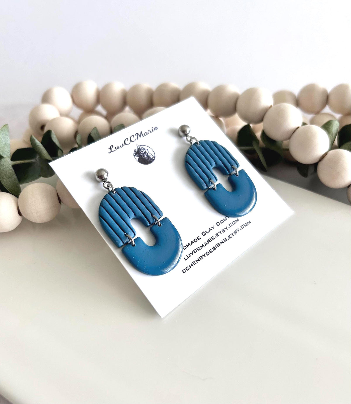 Teal Blue Modern Geometric Stripe Minimal Dangle Earrings, Clay Arch Drop Dangles, Handmade Jewelry