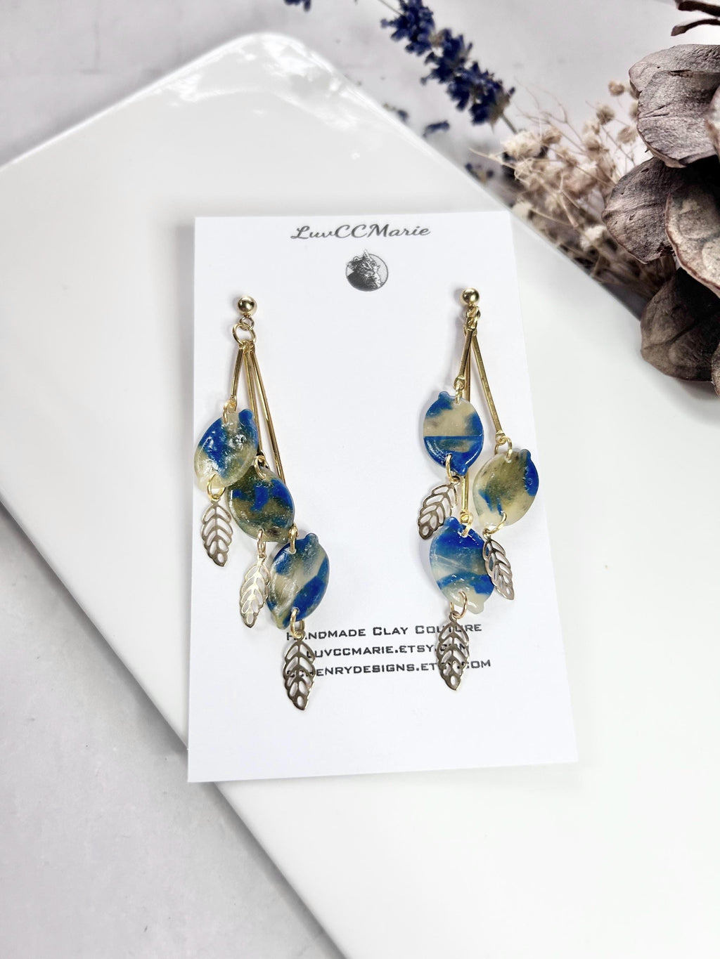 Navy Blue Dangle Earrings, Lemon Bar Clay Dangles, Gold Leaf Fall Earrings, Boho Jewelry