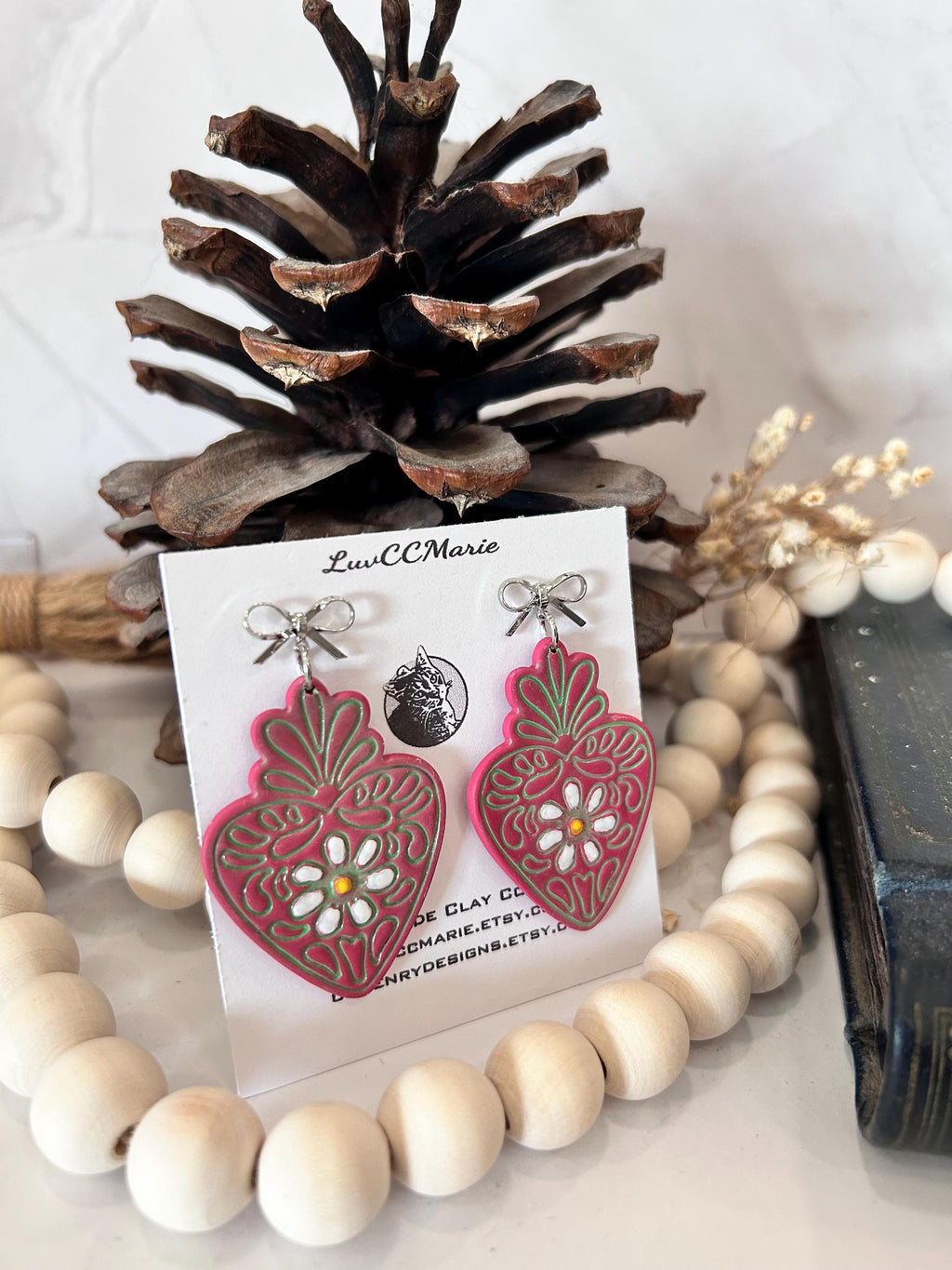 Mexican Strawberry Earrings, Hand Painted Daisy Flower Fuchsia Pink Heart Dangles, Handmade Jewelry Gift