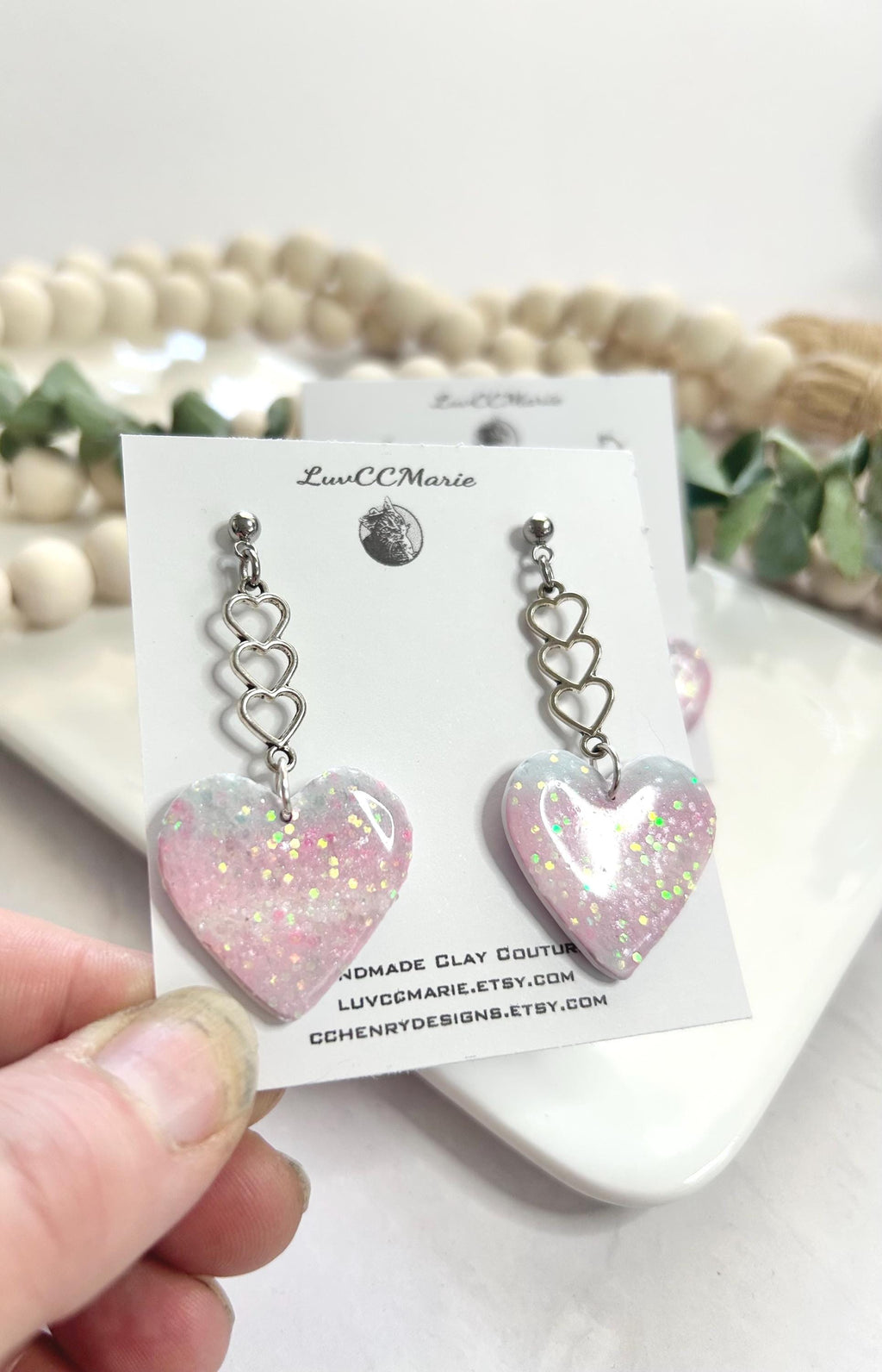 Trans Pride Heart Dangle Earrings: Holo Glitter Clay Boho Jewelry