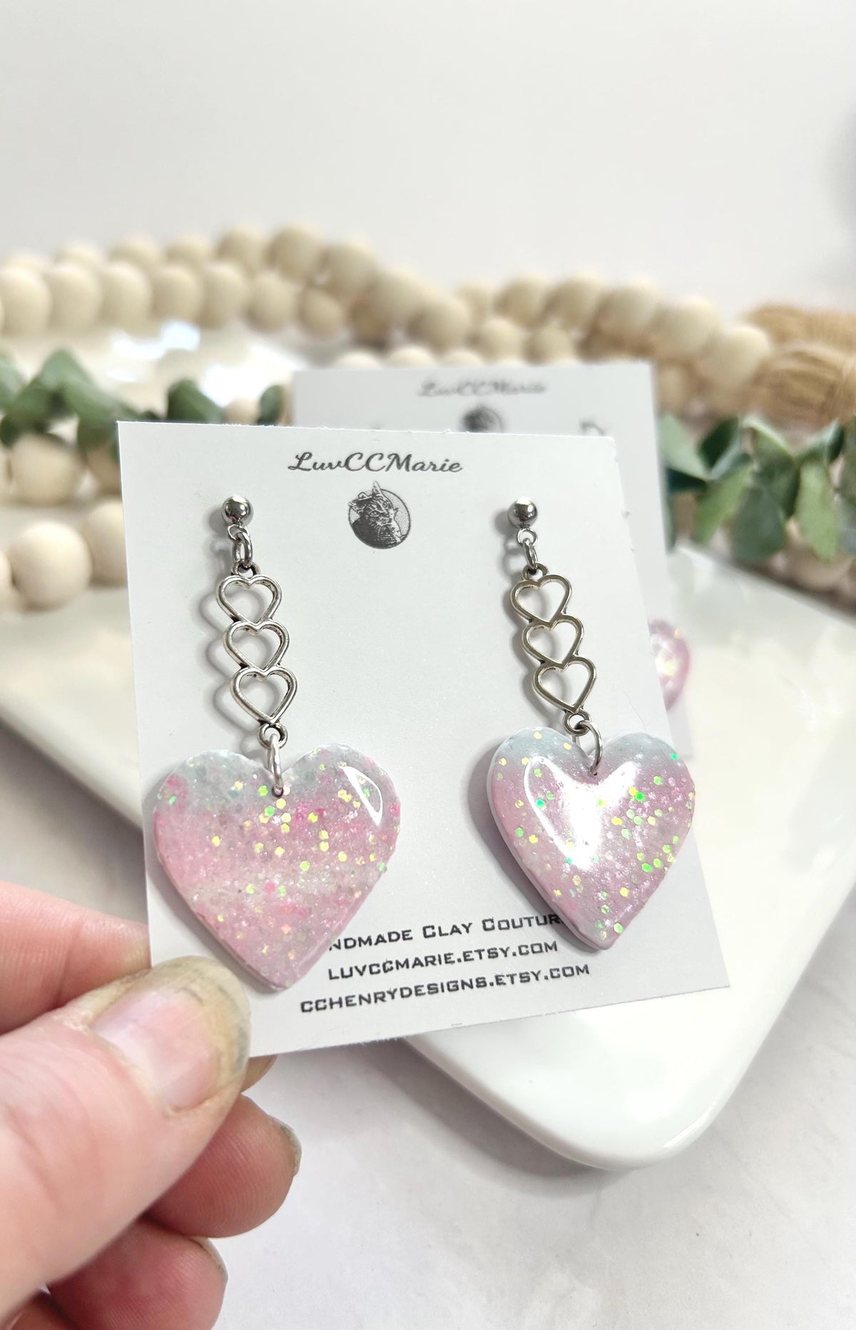 Trans Pride Heart Dangle Earrings: Holo Glitter Clay Boho Jewelry