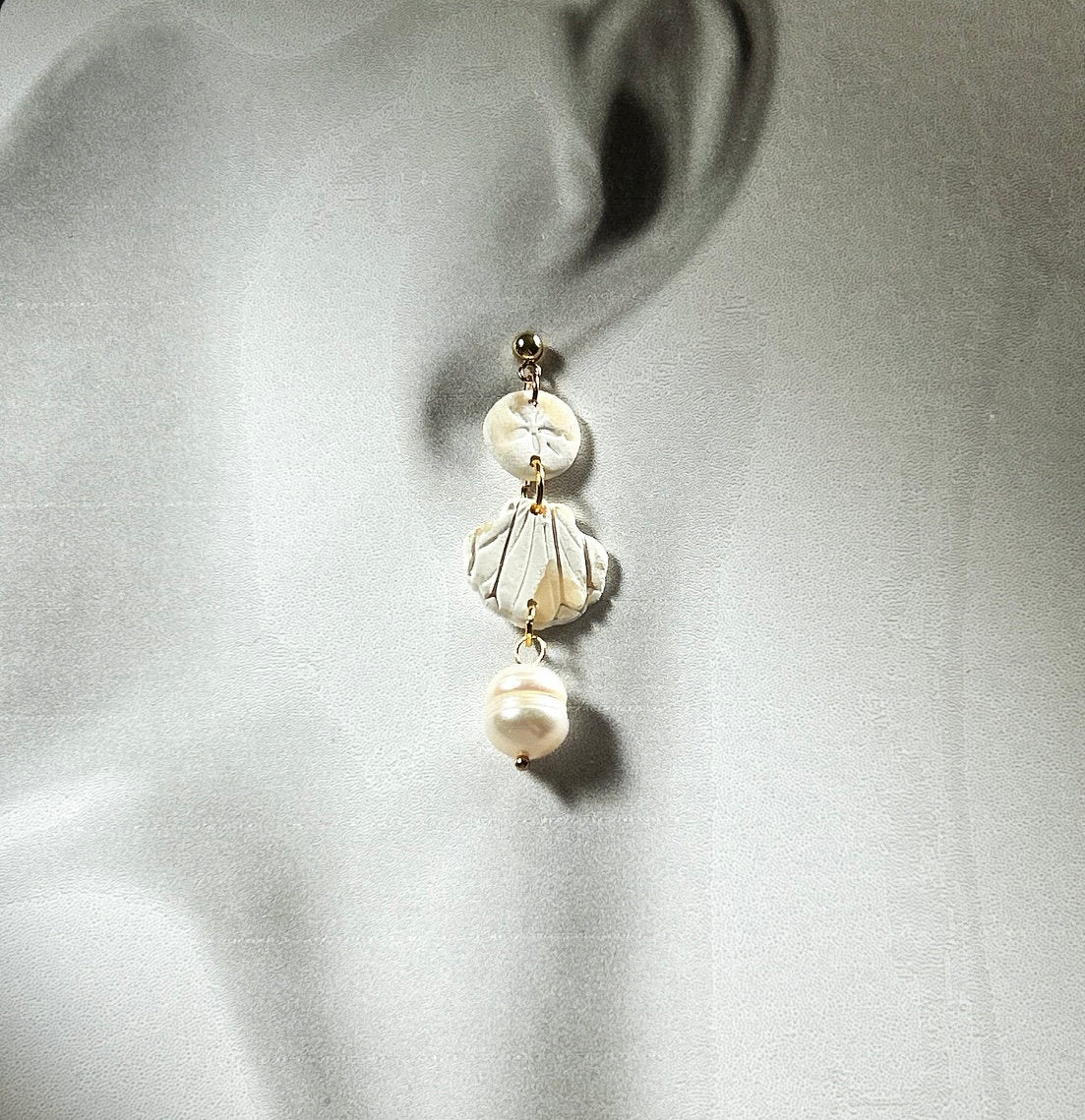 Sea Shell Earrings Clay Dangles, Seashell, Sand Dollar & Pearl Handmade Fashion Boho Jewelry