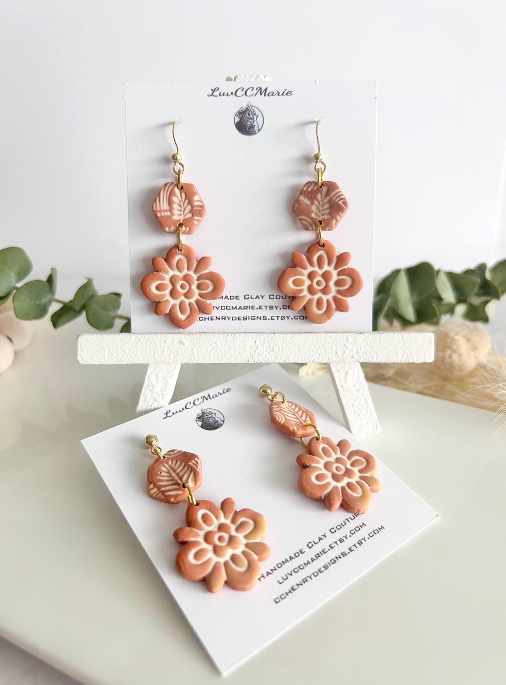 Terracotta Mexican Tile Dangles, Fall Earrings, Clay Bohemian Handmade Lightweight