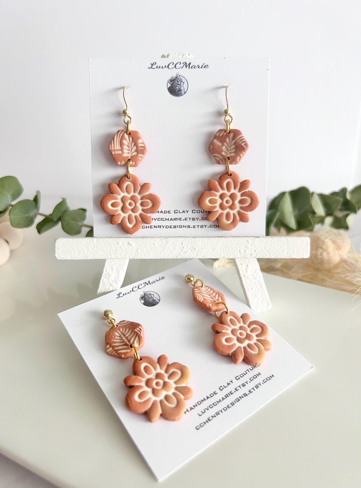 Terracotta Mexican Tile Dangles, Fall Earrings, Clay Bohemian Handmade Lightweight