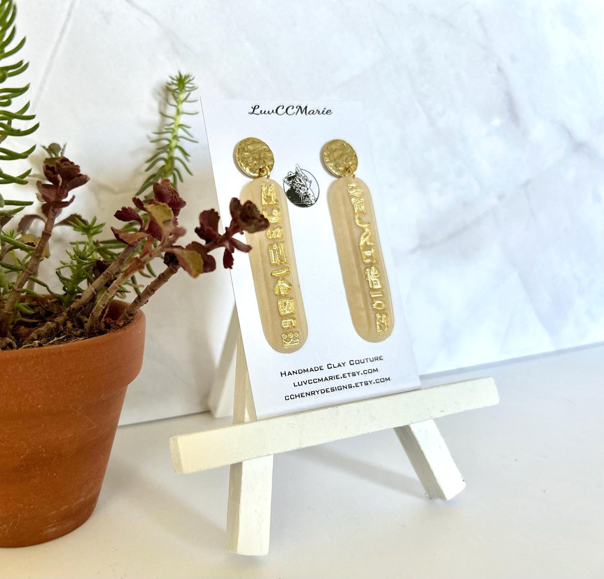 Gold Cartouche Hieroglyphic Earrings, Egyptian Post Bar Dangles, Unique Handmade Jewelry Gift