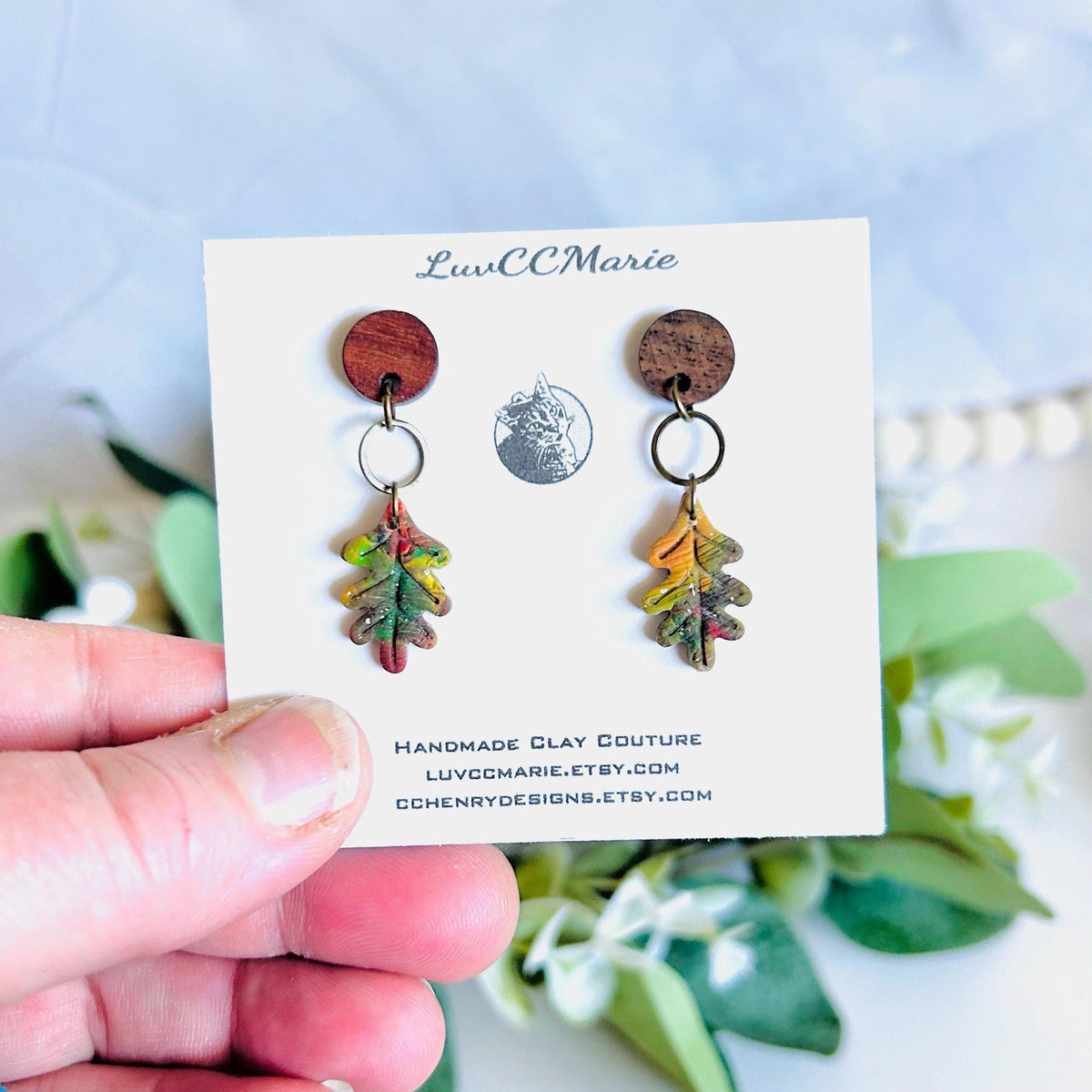 Botanical Clay Dangle Earrings, Leaf Dangles, English Oak Walnut Wood and Bronze, Handmade Lightweight Fall Jewelry