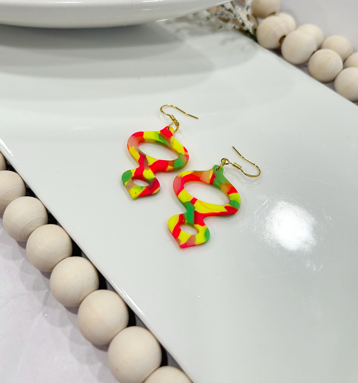 Handmade Neon 80s Polymer Clay Dangle Earrings, Mid-Century Modern Retro Vintage Style Dangles