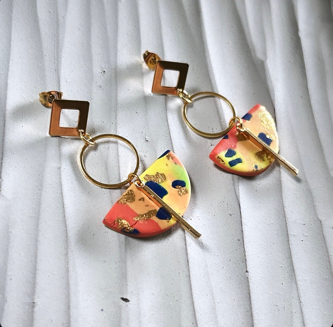 Neon Earrings, Geometric Dangles, Hoop Drop Polymer Clay Abstract Handmade Jewelry