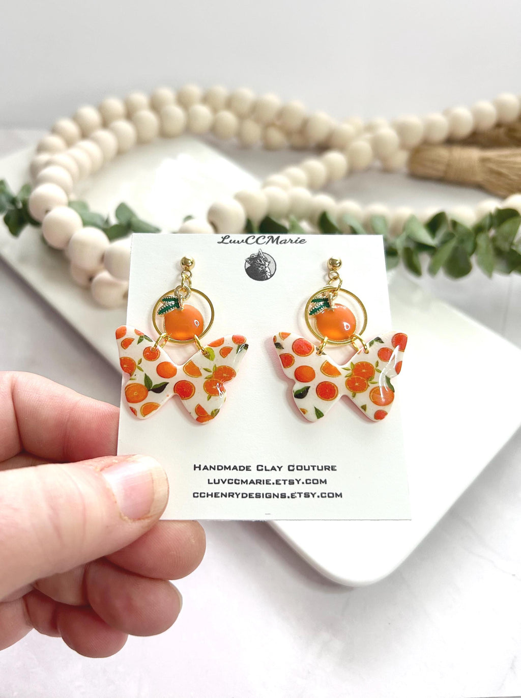 Orange Fruit Butterfly Earrings, Tangerine and White Clay Dangles