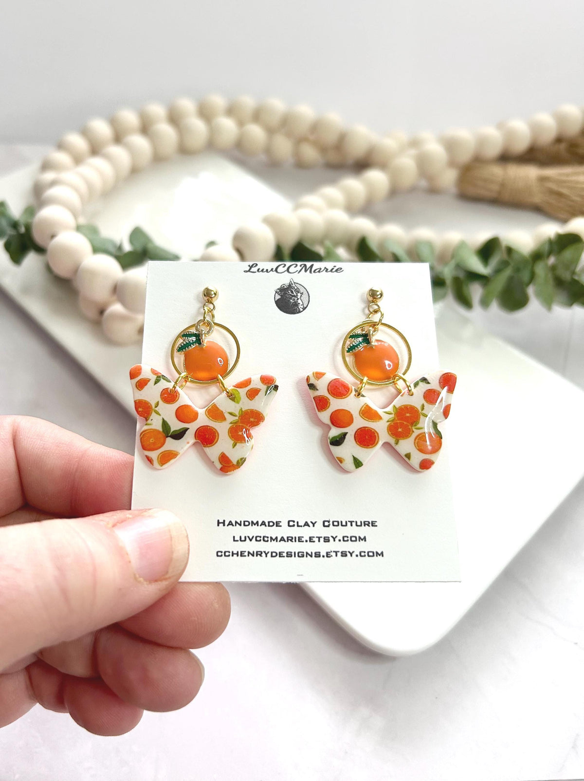 Orange Fruit Butterfly Earrings, Tangerine and White Clay Dangles