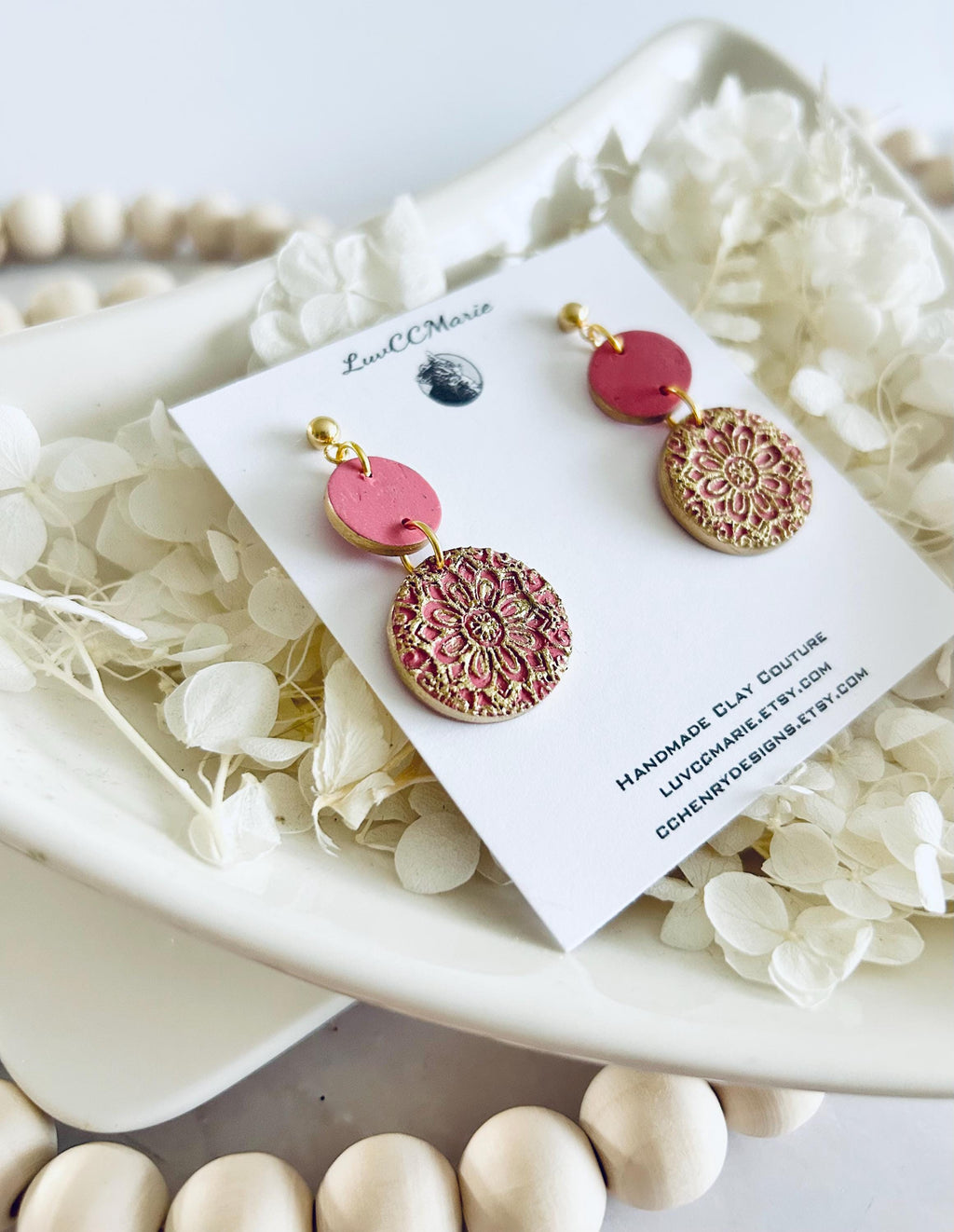 Fuchsia Pink & Gold Dangle Earrings, Mandala Dangles, Handmade Clay Boho Jewelry
