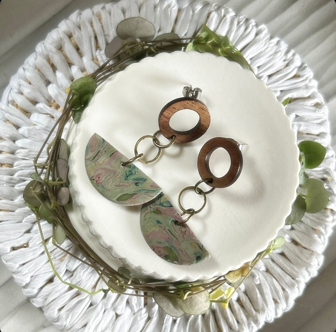 Olive Green Boho Earrings, Clay and Wood Marbled Dangles, Handmade Jewelry Gift For Her