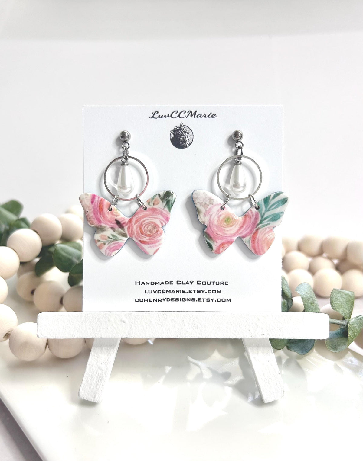 Pink Ranunculus Flower Floral Butterfly Dangle Earrings, White Pearl Hoop Dangles, Unique Bridal Gift