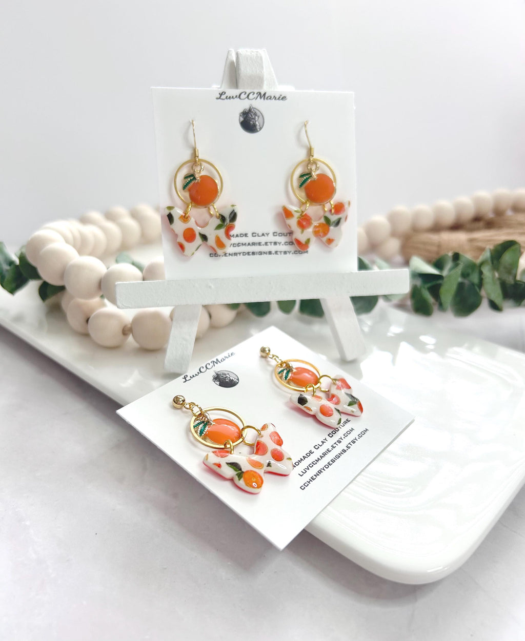 White and Orange Butterfly Earrings, Fruit Dangles, Handmade Clay Summer Jewelry Foodie Gift