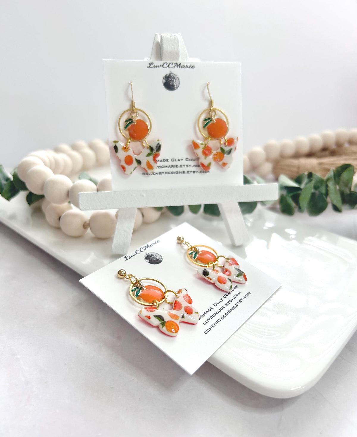 White and Orange Butterfly Earrings, Fruit Dangles, Handmade Clay Summer Jewelry Foodie Gift