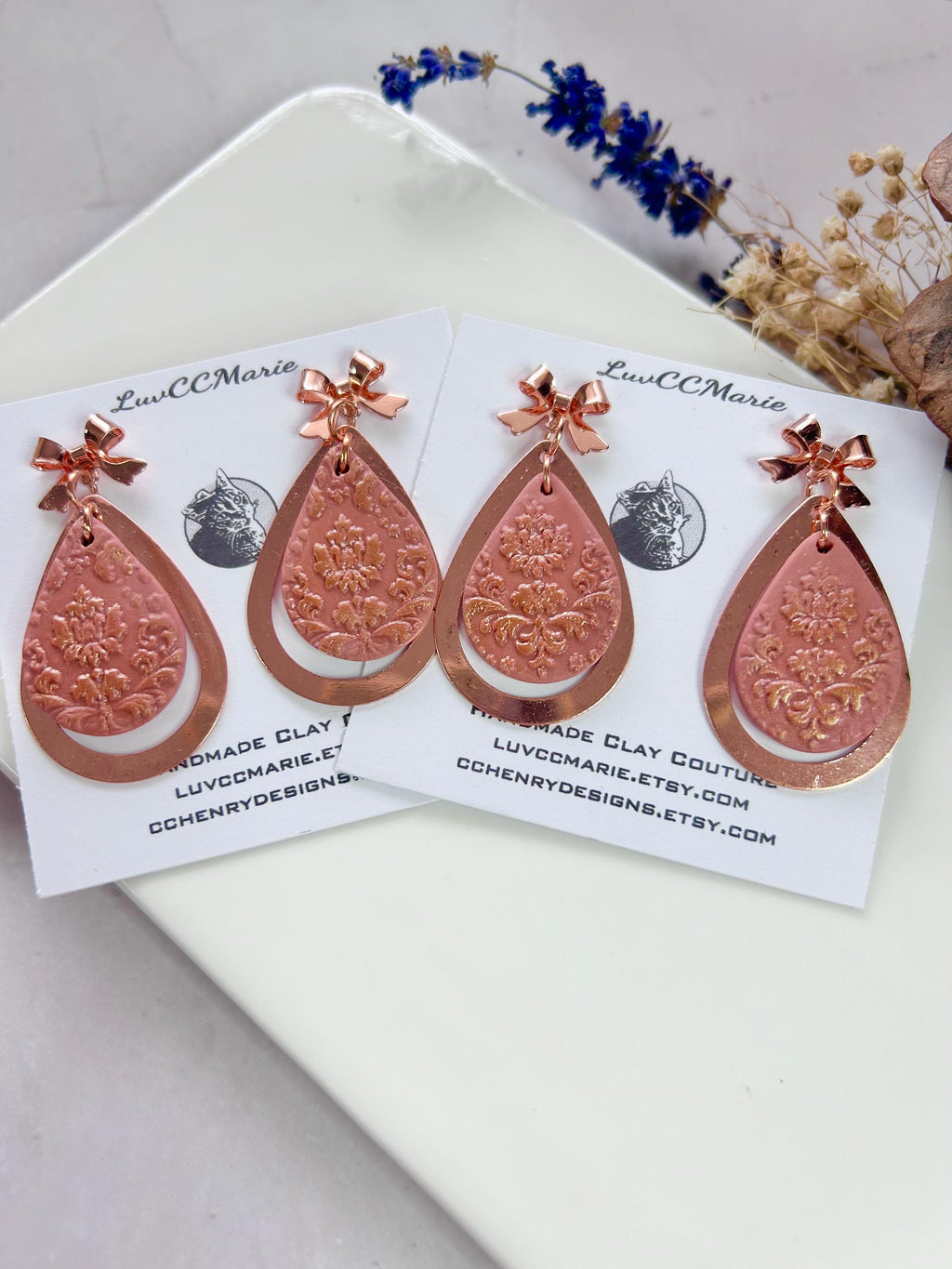 Copper and Clay Dangle Earrings, Mauve Pink Teardrop Dangles, Lightweight Boho Handmade Jewelry