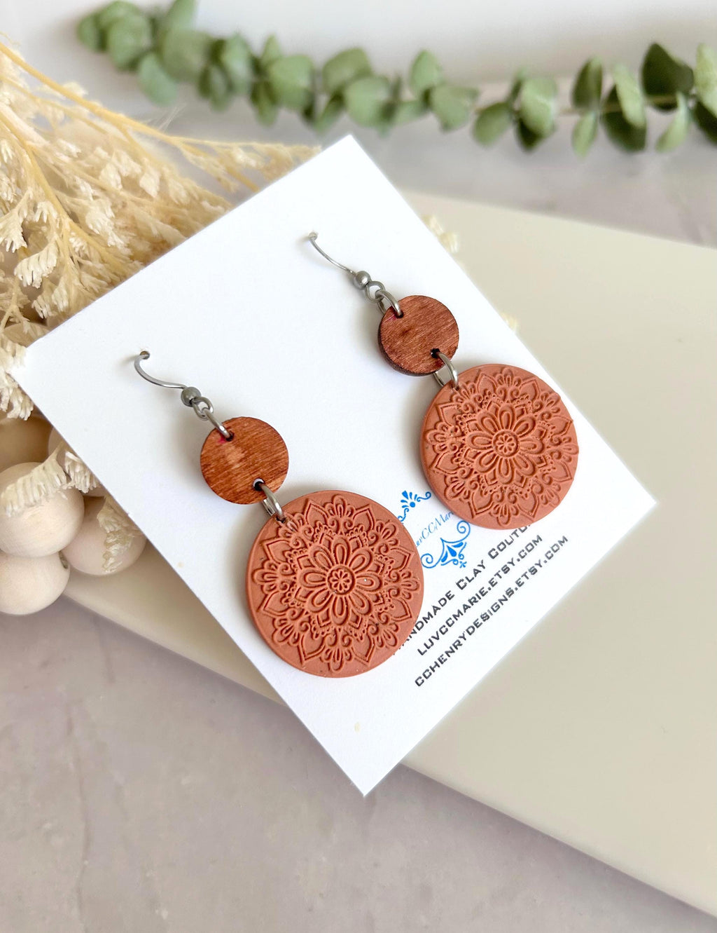 Terracotta Mandala Clay Earrings, Embossed Polymer & Wood Dangles, Handmade Fashion Boho Jewelry