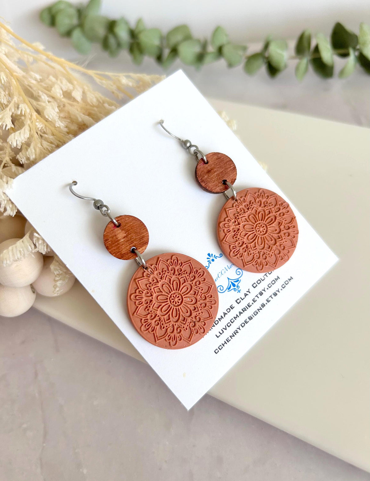 Terracotta Mandala Clay Earrings, Embossed Polymer & Wood Dangles, Handmade Fashion Boho Jewelry