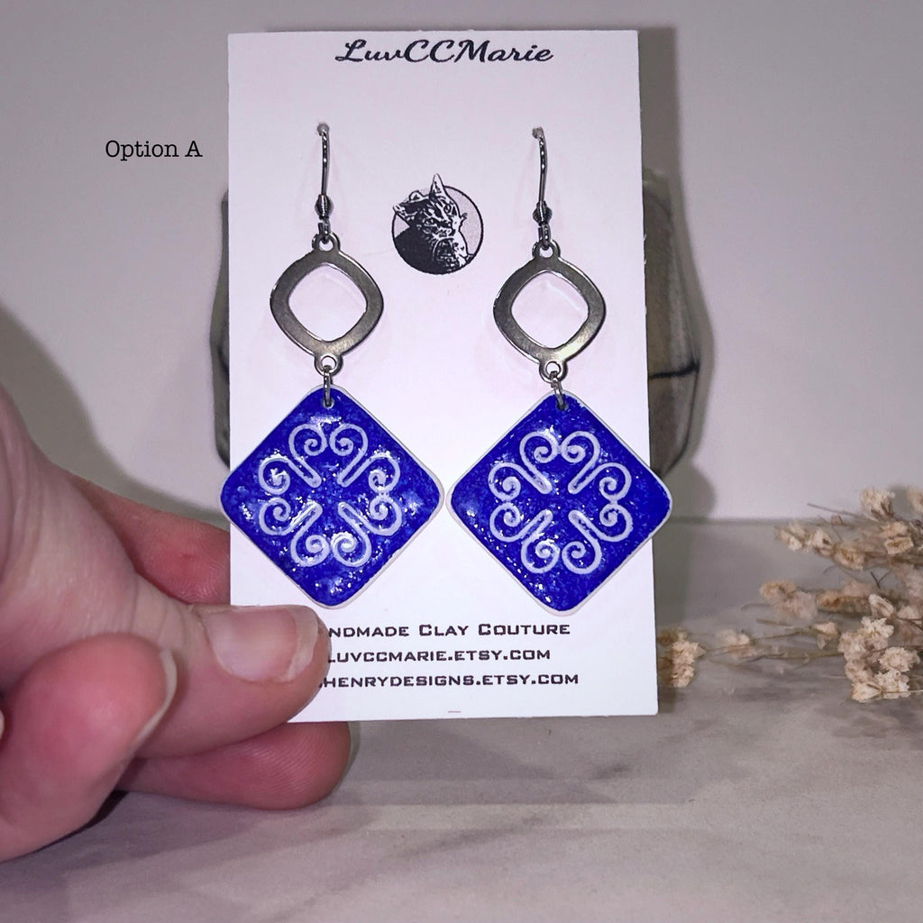 Square Cobalt Tile Talavera Earrings, Santorini Delft Blue Dangles, Handmade Boho Clay Jewelry