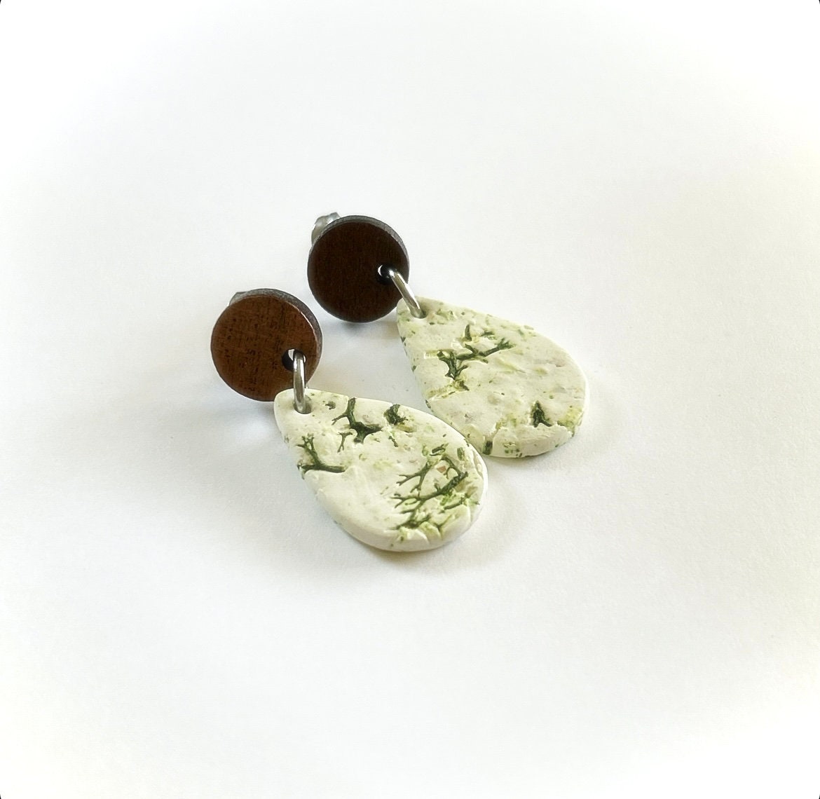 Nature Inspired Moss Earrings, Clay and Wood Drop Dangles, White and Green Lightweight Jewelry