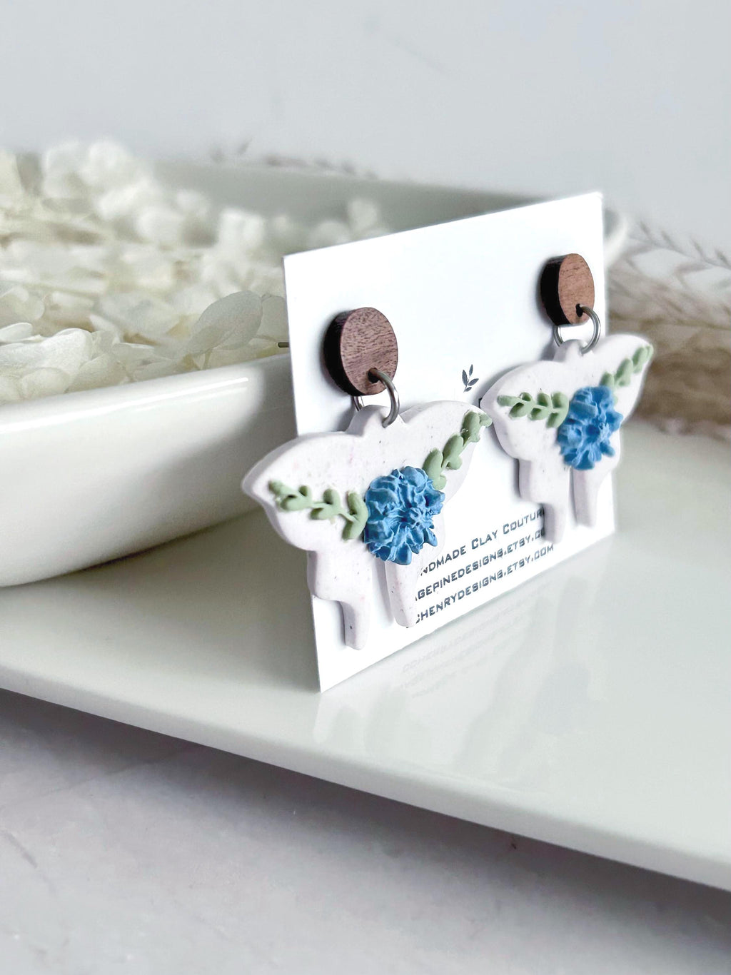 Handmade Clay Moth Earrings, Light Blue and White Floral Dangles, Pastel Wings, Wood Polymer