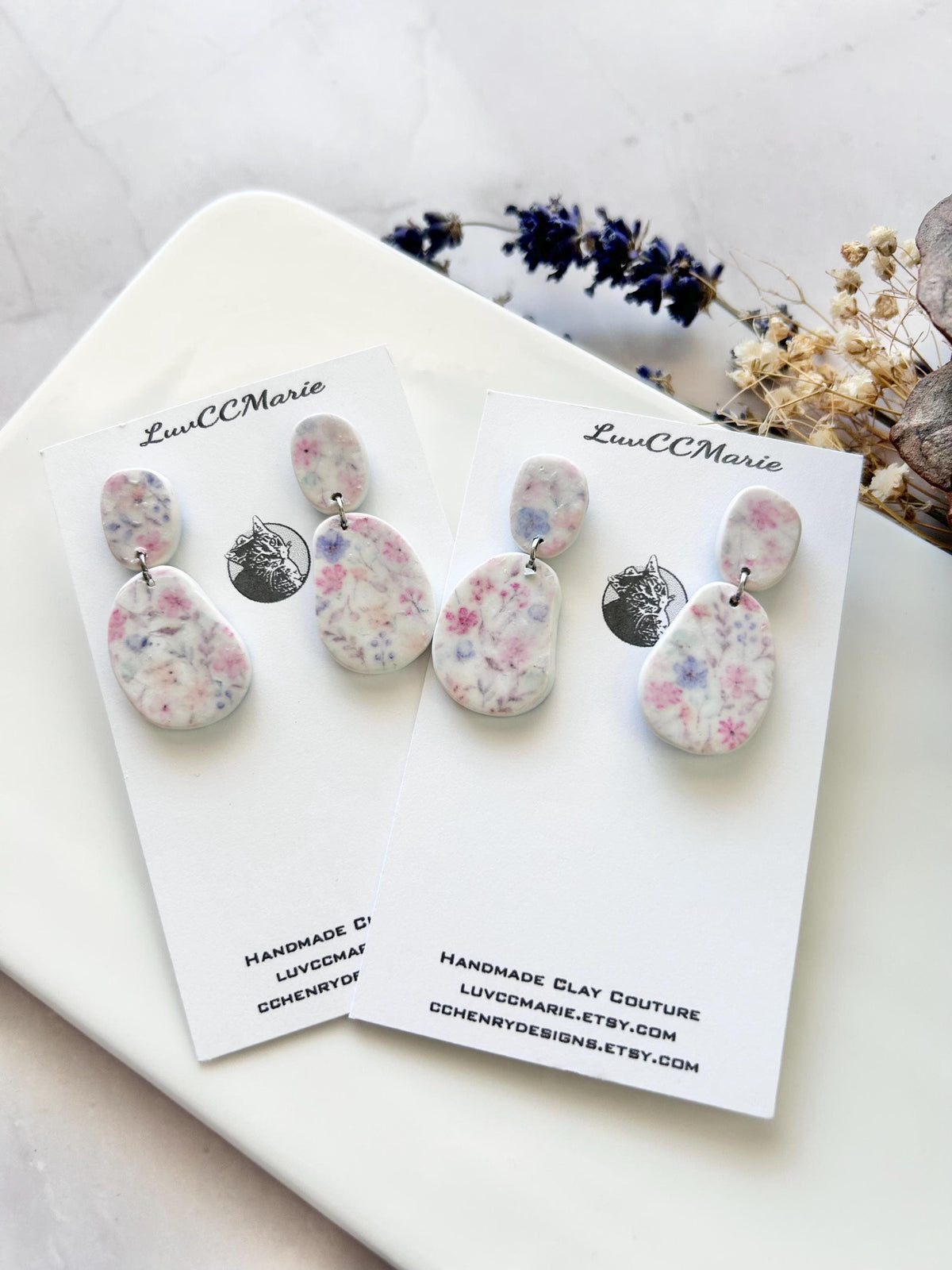Pink and Blue Floral Earrings, Pastel Flower Clay Earrings, Stud Dangles, Handmade Jewelry